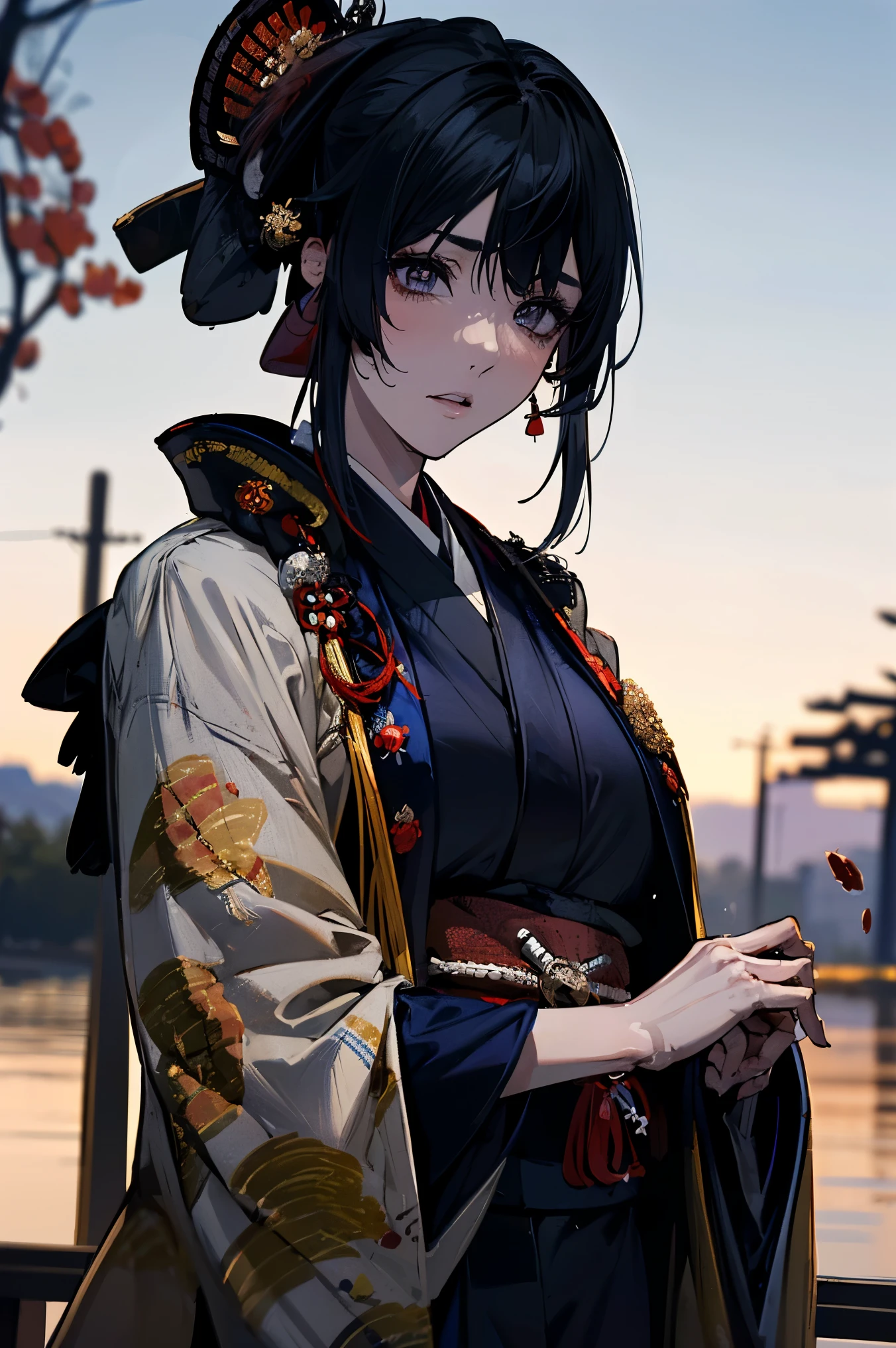 (masterpiece:1.5),beautiful hair,Beautiful Eyes,beautiful lips,Beautiful slender body,(Konno Anna:1.2),(Riho Yoshioka:1.1),(tired expression:1.3),(Riverside:1.4),bust illustration from the front ,((((An Extraordinary Beauty:1.7)))),(((( kimono,military jacket,Taisho Romance:1.5)))),((19-year-old single woman holding a fish in her hand:1.1)),(accurately depicted anatomically correct hands:1.1)black hair,long lashes,Three-dimensional, jewel-like eyes,Very delicate and beautiful CG,2. 5D illustration, anatomically accurate body, (Extremely precise illustrations:1.1),(Outdoors:1.4), (wallpaper:1.4),8k
