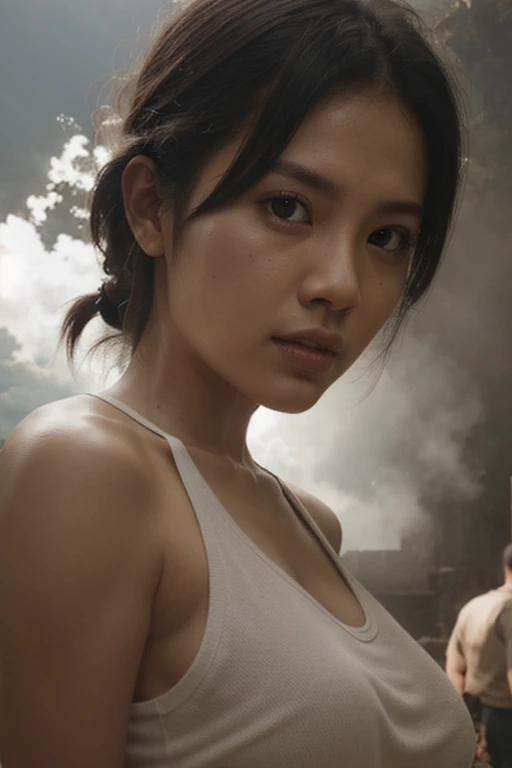 ((Correct human body structure)), (detailed face, detailed eyes), A Japanese woman, a look of sorrow, background on fire, blazing up