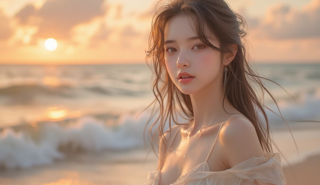 There was a woman sitting in the water,Place your hand on your mouth, lalisa manobal, sakimichan, sun yunjoo, Yoshitomo Nara, Korean girl, Kim Tae-joon, posing on a beach with the ocean, Kim Hyun-joo, Japanese model, author:Torii Kiyomoto, xintong chen