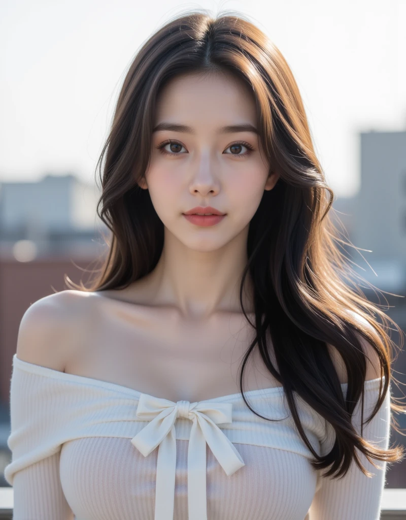 ((realistic lighting, highest quality, 8K, masterpiece: 1.3)), clear focus: 1.2, 1 girl, perfect figure: 1.4, slim abs: 1.1, ((dark brown hair)), (white crop top: 1.4), (outdoor, night: 1.1), cityscape, super fine face, fine eyes, double eyelid,
