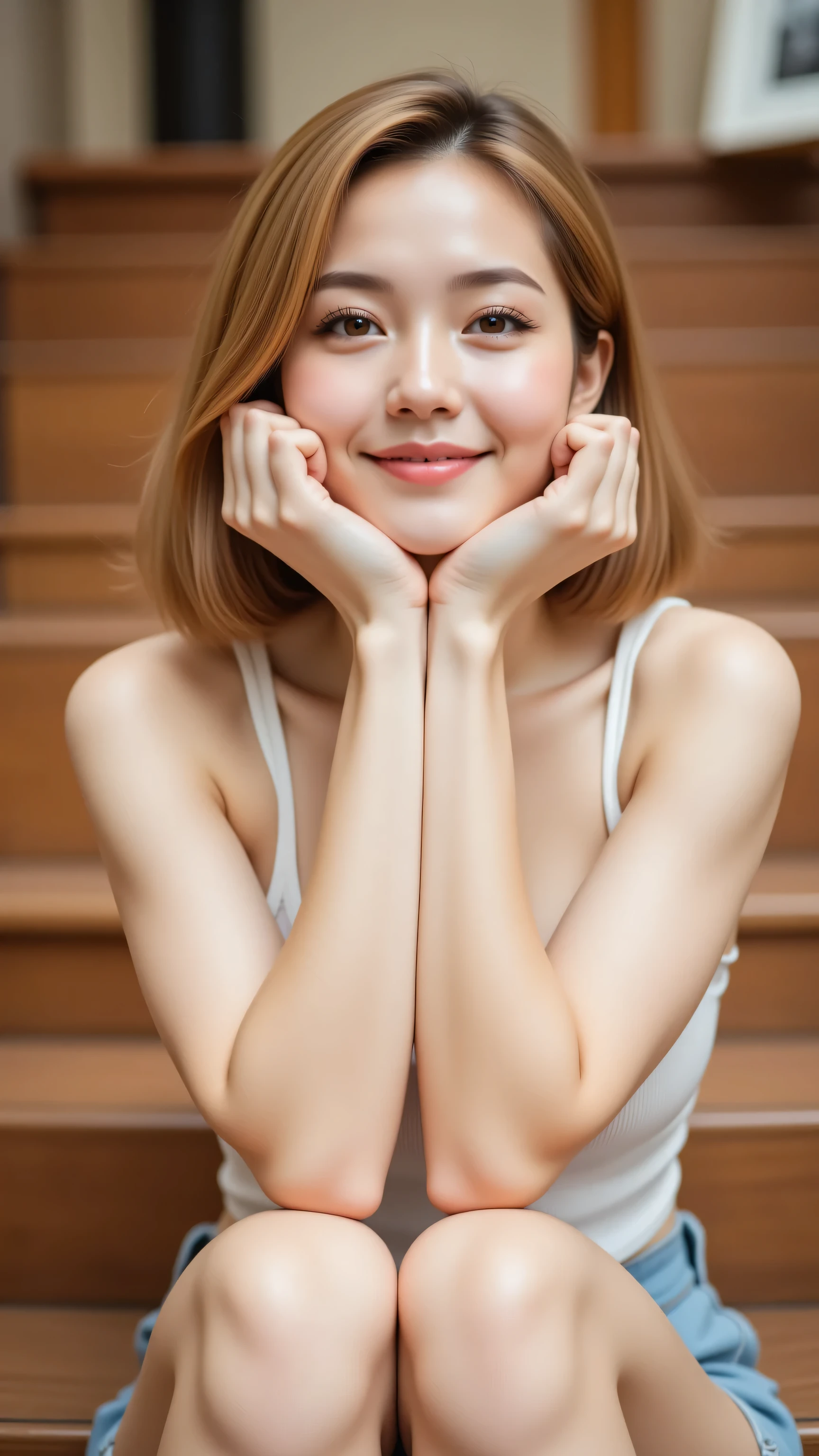 8k, Masterpiece, Top Quality, (Korea's Beautiful Women), Low-angle, blonde, fair-skinned, smiling, eyes, nose, mouth, white tank top, legs crossed, hands clasped, chin, seated, wooden background, blurred, step, indoor.