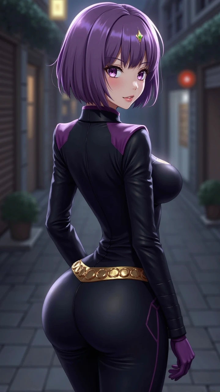 videl,1 girl,alone,((bright purple tight suit,:1.4)),barefoot,bare hands,blush,blue eyes,Sweat,black hair,spike hair,boyish girl,big breasts,prison,smile, buttを突き出す,butt,back,back view