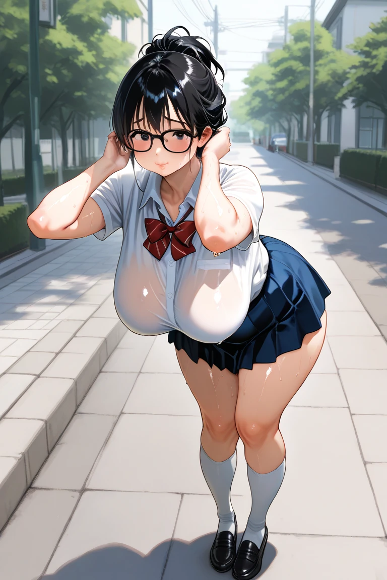 highest quality, High resolution,Anime Screen Capture, sf、Three Women、Realistic, masterpiece, highest quality, Perfect Anatomy, (Fine Eyes), (Female mechanic, Huge breasts、Chubby), Sweat, city, ((NsfW、White SF Suit、Pink Bikini、Mechanical White Backpack、White gloves、Pink striped knee socks)),Cyborg Girl、Tight clothing、 Green Eyes、Spread your legs、Hands on chest、short hair、Brown Hair ,Braided Pigtails、 ((blush))、(Wide Hips),smile、((((Embarrassing))))、((Red Rim Glasses))、