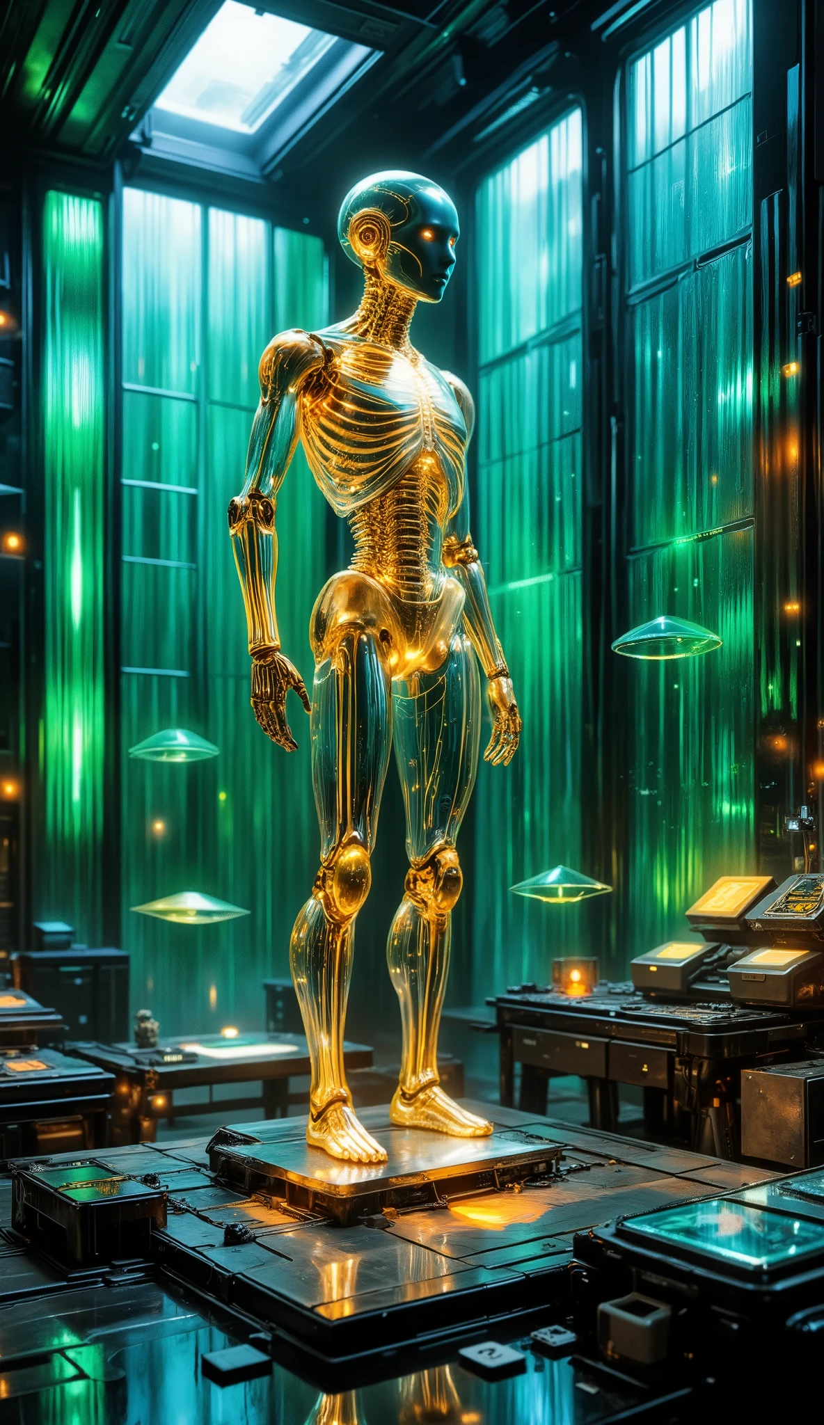 A sci-fi laboratory with walls made of liquid-crystal panels, streaming real-time data in glowing green light. A transparent humanoid robot stands at the center, its skeleton visible through glass-like skin, veins of flowing gold light mimicking a nervous system. Holographic interfaces float nearby, blending cybernetic and organic elements. Moody lighting, hyper-detailed textures, and a neon-accented color scheme.