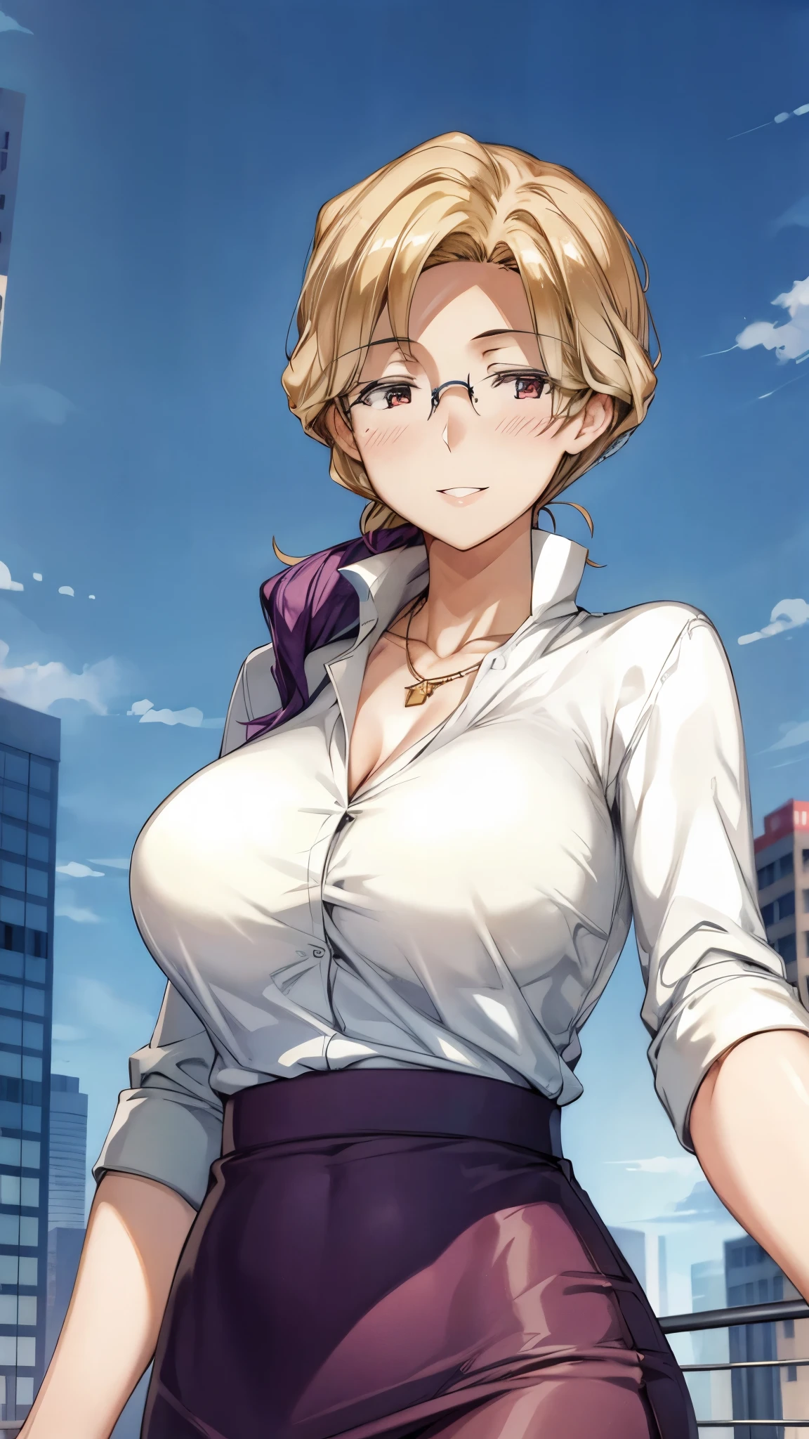（super quality,Ultra High Definition,16k,Super Masterpiece,Ultra HD ,detailed shading and background,） upper body shot from below,sexy mature woman, Gold,glasses,sexy white shirt with folded sleeves,tight tight skirt,cleavage,necklace,Big Breasts,cover,smile,thick lips with Nozomi,Morning in the city,Spread one hand wide toward the screen,