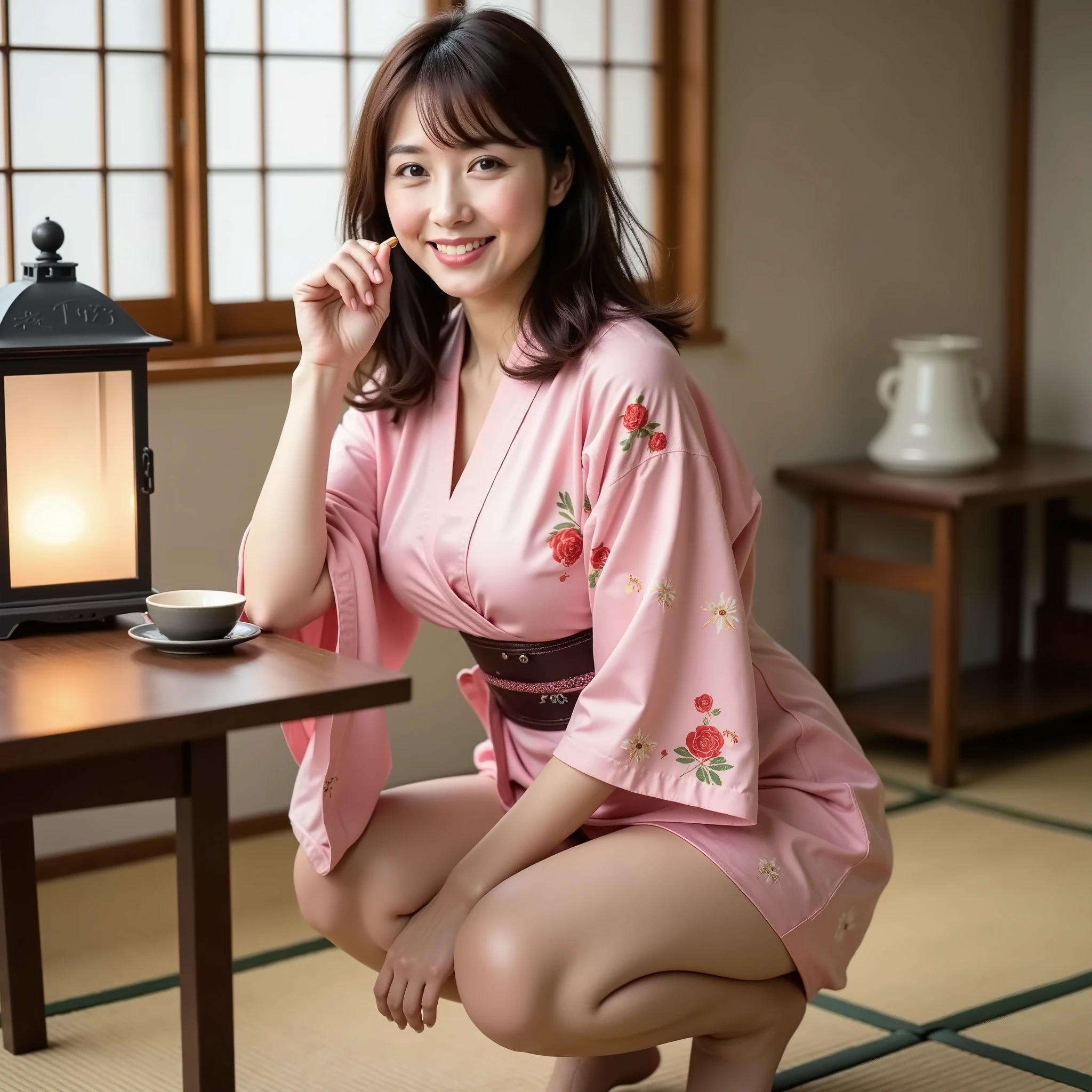 ((top-quality、​masterpiece、photographrealistic:1.4、in 8K))、beautiful japanese female１a person、２5years old、beautiful hairl、delicate and beautiful face、Eyes and faces with detailed 、(open one's legs:1.2)、(Beautiful Japan scenery:1.2)、Beautiful lighting、A smile、Textured skin、Super Detail、high detailing、High quality、hight resolution、(sexy kimono:1.3)、bangss、Detailed mouth、Opening Mouth、bare-legged、skirt lift