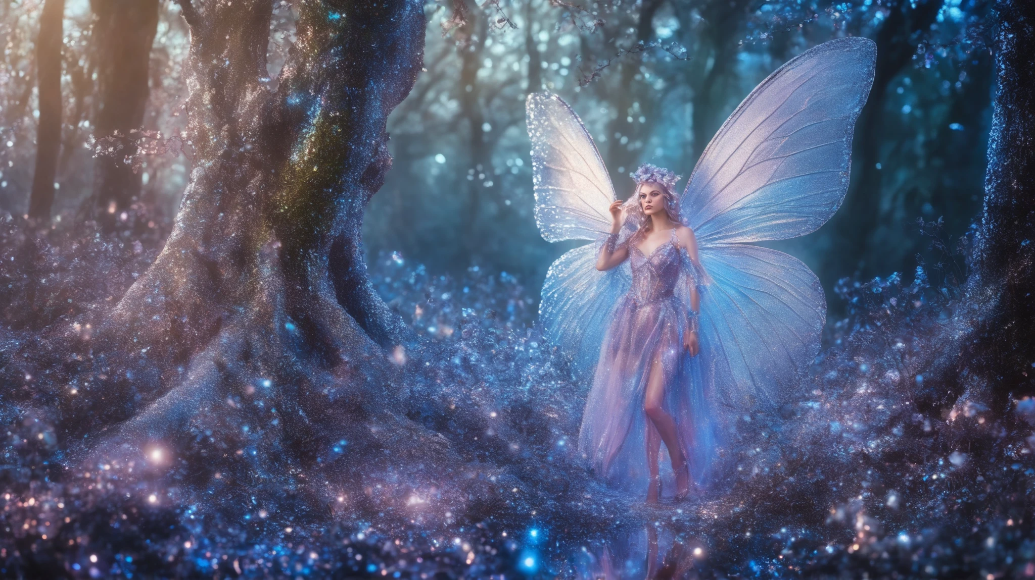 fairy in an enchanted forest, style glitter 