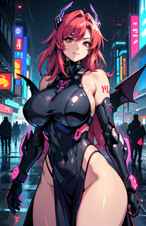cyber city, cyber waifu ninja, large breast, blood, devil smile, red eyes, dark hair, ultra detailed, high resolution, 8K