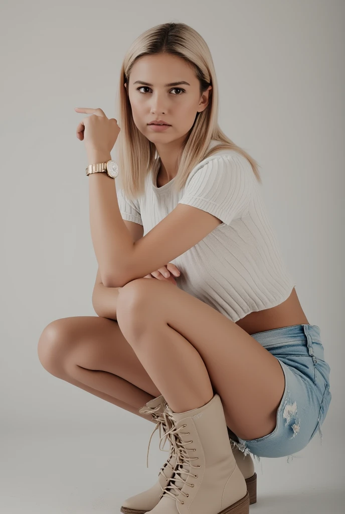 a girl detailed face beautiful eyes brown hair black thighhighs white top shorts sneakers indoors looking at viewer full body,Crystal Hair,Lightest blond hair,looking to the side,Nazca terrestrial painting,detailed masterpiece most beautiful artwork in the world Ultrarealistic,Canon R5,dramatic lighting