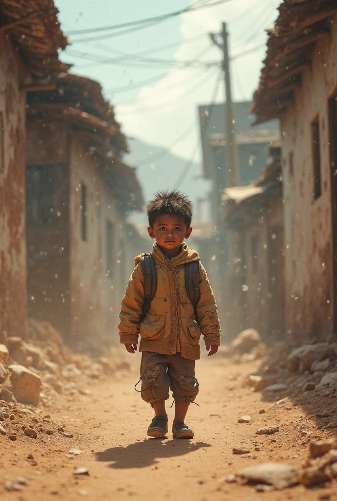 Child in pants and sweatshirt with teddy bear backpack on his back walking in a post world war scenario


