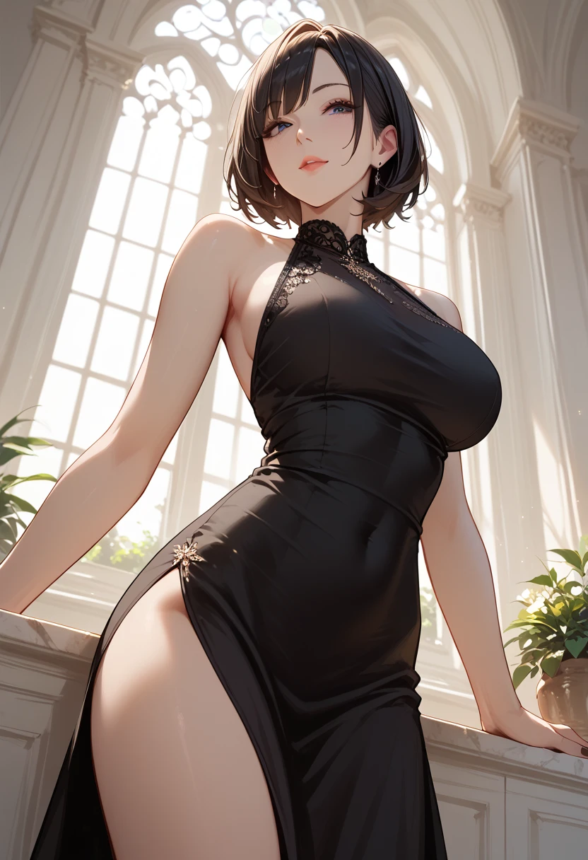 (masterpiece, Highest quality, High resolution, Super detailed, Highest quality), Detailed body, Detailed face, Detailed Red Eyes, Shy, Tight waist, Black ponytail hair, sexy maxi dress, bedroom, hips up, ((standing)), (collar), (30 years old), stockings, slim, leaning against a wall, butt raised seductively