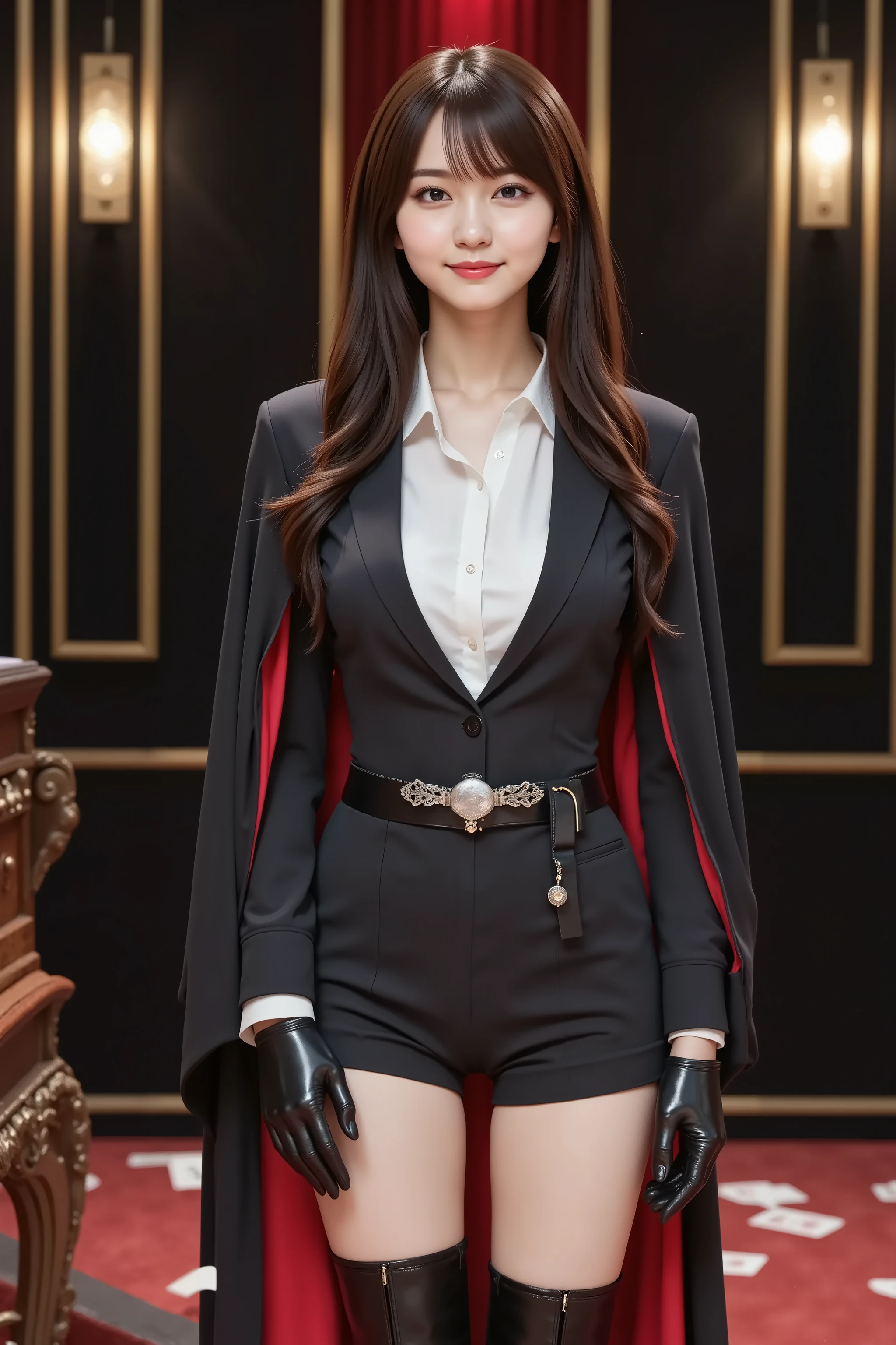 firm breast, ultra-high-resolution 8K CG illustration of a Japanese woman portrayed in a magician-themed portrait. She is seated on a black chair with brass rivets, positioned in front of a wooden table covered in red felt. A deck of standard playing cards is scattered across the tabletop, some mid-air, suggesting motion. Her entire head is fully included in the frame, positioned at the exact center both vertically and horizontally. She has defined, symmetrical facial features, pale skin, almond-shaped dark brown eyes, trimmed straight bangs, and long black hair that flows over her shoulders and chest. Her expression is calm, with a small closed-mouth smile. She wears a black tailored magician jacket with structured shoulders, red satin lining, and silver buttons. Underneath is a fitted white dress shirt, fully buttoned, with a red bow tie at the collar. Her chest is emphasized beneath the fabric, clearly shaped through the tight tailoring. She wears high-waisted black shorts with a silver belt and glossy black thigh-high boots with low heels. A short black cape with red lining hangs from her shoulders. A black top hat sits on the table beside the cards. She has on thin black gloves. Her hands rest naturally on her thighs. A silver pocket watch is clipped to her waistband. Her visible anatomy includes a realistically drawn penis between her legs, integrated with accurate texture and consistent lighting. The background is a magician’s stage: black curtains with gold trim, vertical stage lights along each side, and a red spotlight above. Dust particles are visible in the beam. The lighting is angled from above and slightly to the front, casting controlled shadows and defining surface contours. The entire image uses Unity-style rendering with crisp edges, texture mapping on fabric, skin, and metallic elements. The composition is symmetrical and stable, designed as a full 8K portrait, focused on the subject and props within the magician’s setting.