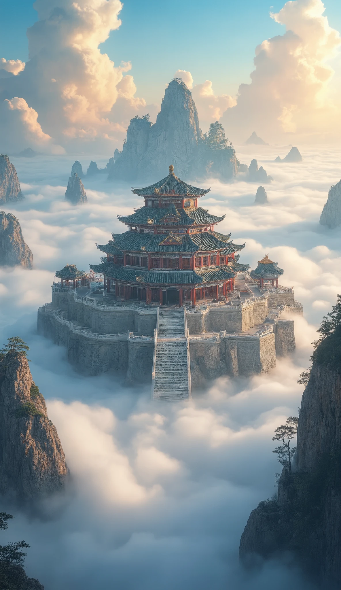 High Resolution Images、Panoramic Paintings  、Spectacularな画像 、 Ancient Chinese Architecture Temples 、 Exquisite Interior Decorations 、A huge temple nestled in a sea of clouds、 depth of field effects  、 Imaginative 、 fantasy 、 high end color matching 、 Spectacular Scenery of Ancient Chinese Architecture 、 Spectacular 、 four corners 、 16k、Big Komainu  。