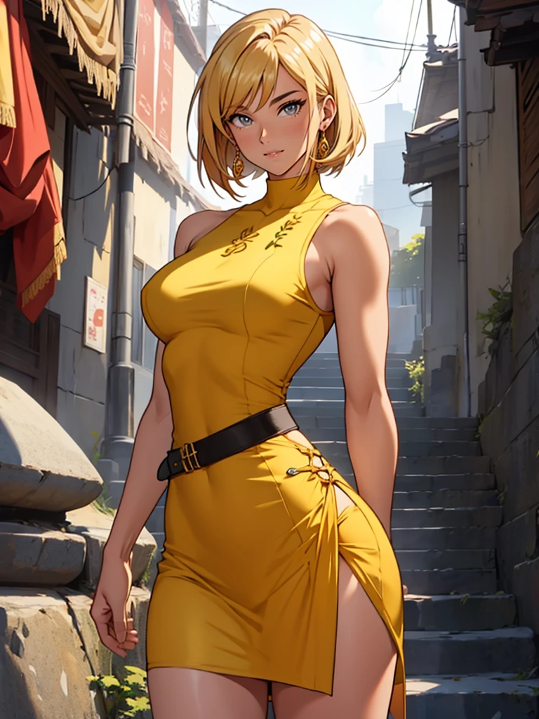 ((1 girl), Sayla Mass, elegant), Bending waist、woman&#39;whole body、Seeing the viewer, mature woman,、Bright smile、shy、blush、Expressions of Ecstasy、erotic、charm的、charm、Bob Short、bangs、Shiny blonde hair、blue eyes、length, shapeの整ったまつげ、Perfect Eyes、Narrow eyes、glossy pale pink lips、（Plump slender body of a mature woman、Plump body:1.3、Shiny skin、Beautiful big boobs:1.1、Narrow waist、Beautiful ass、Thick thighs、beautiful length legs）、Perfect Arms、Perfect hands、Perfect Fingers、Perfect figure、Perfect Anatomy、(Army pink uniform dress with a short mini skirt。You can see her panties through her mini skirt), Camel Toe, Lilac lace shorts、Bright red length boots)、Sweaty、Sweaty、 vapor、vapor、Sexy genital pose gesture、Cheeky Pose、(Place your fingertips on your lips)、Browsing Caution, From above、Cowboy Shot, no gravity, shape, Bright colors, Practical Light, (The background is blurred:1.1)、highest quality, Confused, good quality、Realistic, 超High resolution, masterpiece、High resolution、超High resolution、8k