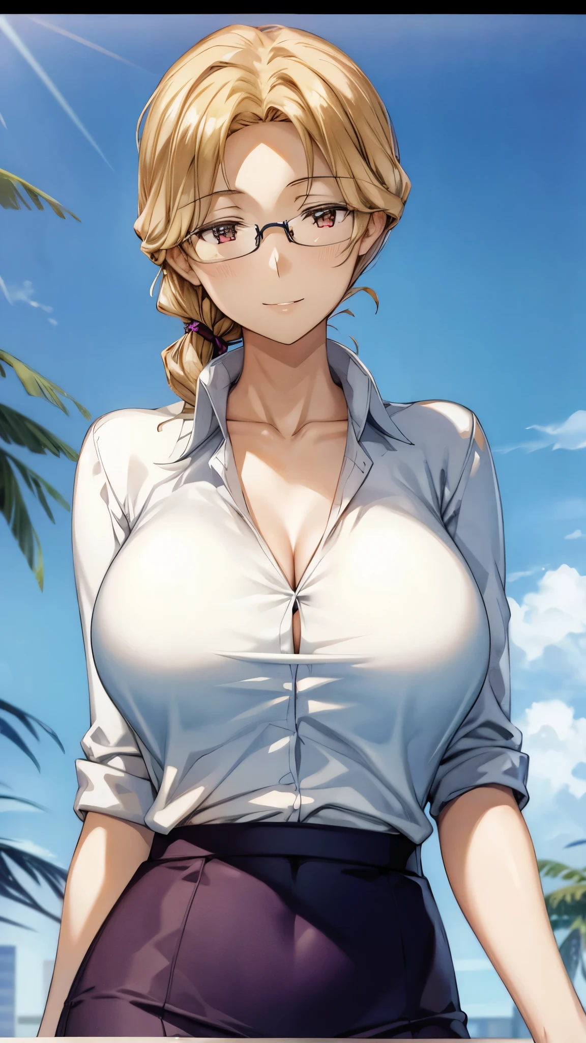 score_9,score_8_up,core_7_up, source_anime, 1girl, Kei Karuizawa, blonde hair, bangs, adjusting hair, armpits, arms up, blush, breasts, freckles, from side, hands in hair, medium breasts, limited palette, ponytail hair, blue scrunchie, looking at viewer, looking to the side, mole, mole under eye, parted lips, semi-rimless eyewear, shirt, sleeveless, completely nude, breasts, hetero, nude, slit pupils, solo, steaming body, sweat, sweaty armpits, upper body, white background, violet eyes 