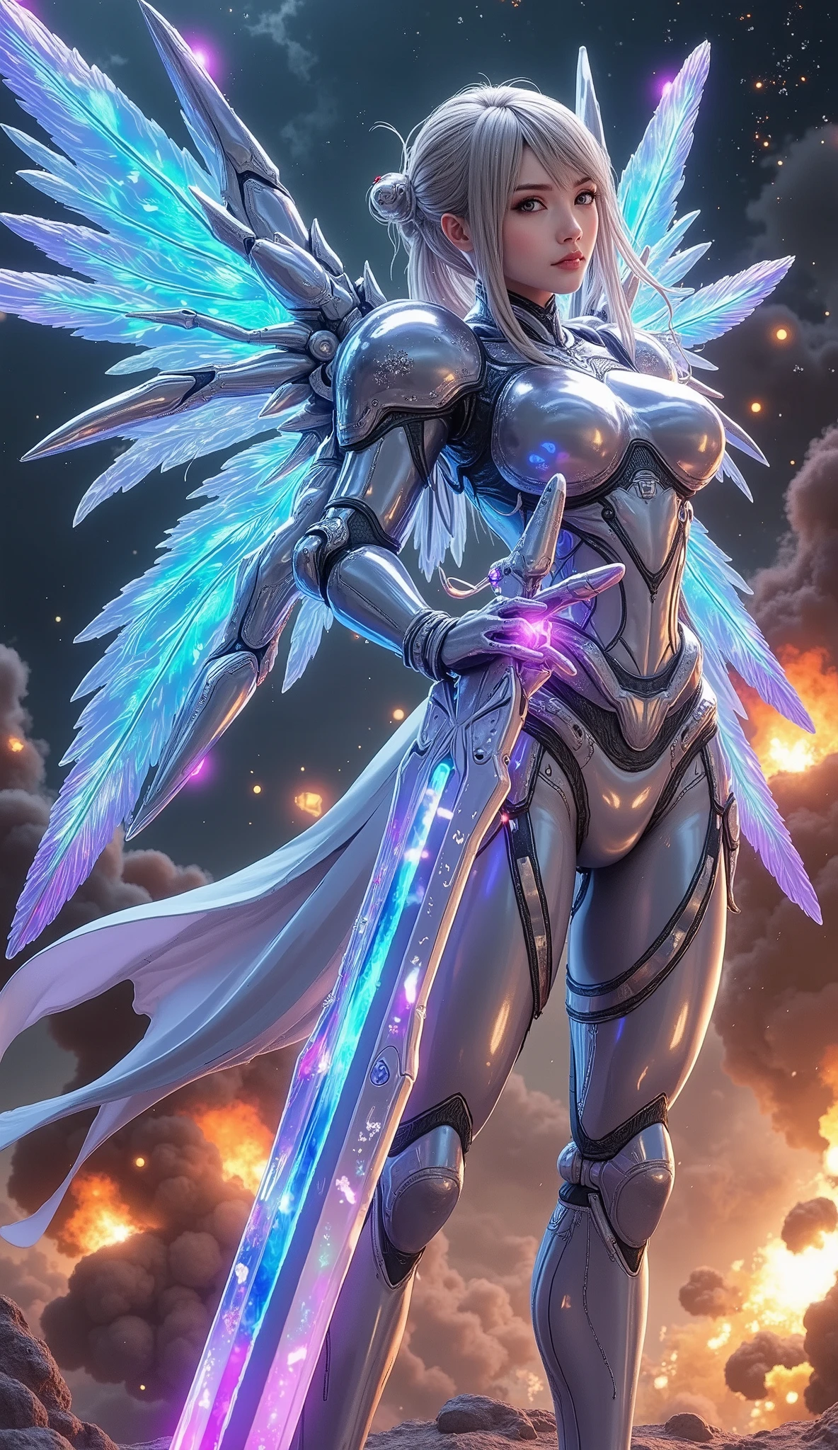 Best Quality,masterpiece, Ultra High Definition ,Glass texture, light trail, translucent design, SF items, futuristic feel, transparent female android, female combat robot, huge breasts, big wings on back, holding long cristal sword, flying over dark space, space war scene, in battle, firing, bomb blusts