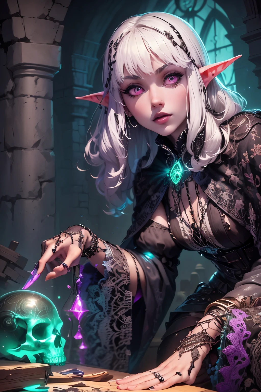 (Ultra-detailed face, Looking Away, Gothic Illustration, Dark Tone Colors.) , BREAK
(A laboratory in a decaying ancient castle in medieval Europe. An aura of darkness hangs in the air. Eerie. Terrifying. Objects are transparent and luminous.) , BREAK
(A female dark elf archaeologist, in a bold pose and with large movements, fingers a glass skull on a low wooden table. The glass skull glows green and the woman's fingertips are translucent like glass.) , BREAK
(The dark elf female archaeologist has white hair and white eyebrows, crisp bangs, shoulder-length wavy hair, small pink lips, lavender eyes, dark purple skin, and eyeliner.), (She wears a shiny black bib necklace with a net covering her neck. She wears an embroidered purple cape and a classic medieval European-style empire dress with raw embroidery. She wears sandals with braided white laces.)