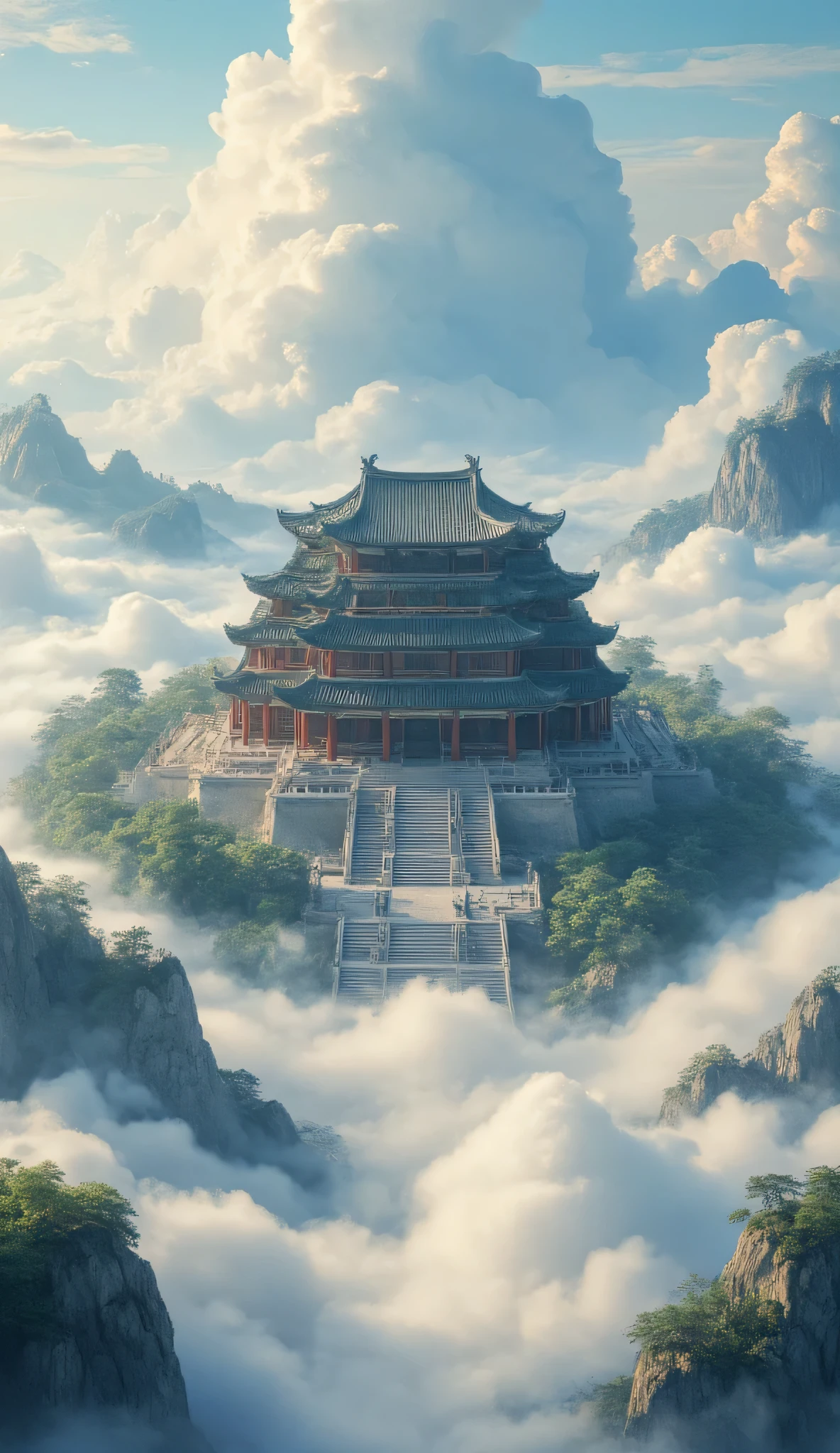 High Resolution Images、Panoramic Paintings  、Spectacularな画像 、 Ancient Chinese Architecture Temples 、 Exquisite Interior Decorations 、A huge temple nestled in a sea of clouds、 depth of field effects  、 Imaginative 、 fantasy 、 high end color matching 、 Spectacular Scenery of Ancient Chinese Architecture 、 Spectacular 、 four corners 、 16k、Big Komainu  。