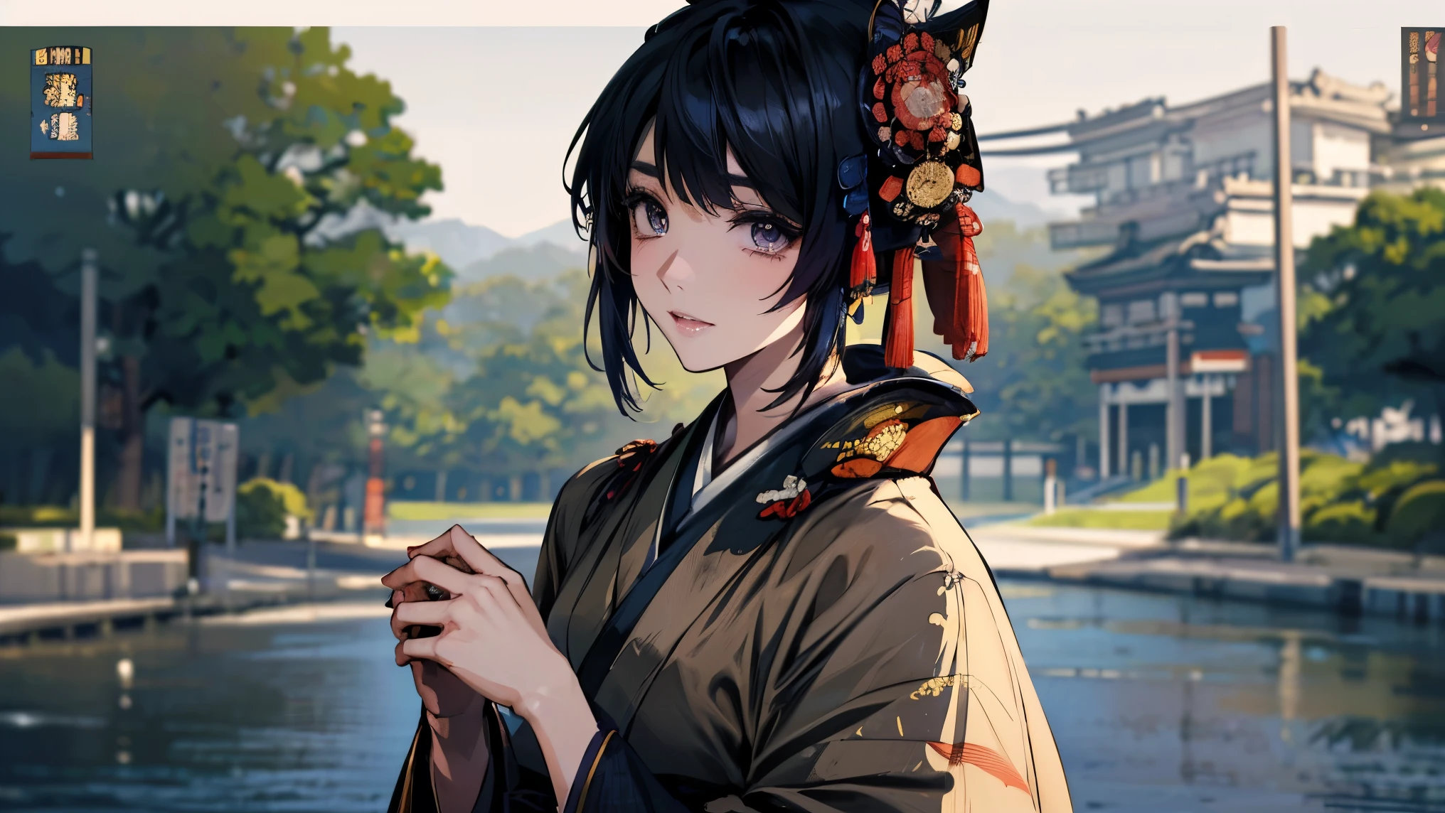 (masterpiece:1.5),beautiful hair,Beautiful Eyes,beautiful lips,Beautiful slender body,(Konno Anna:1.2),(Riho Yoshioka:1.1),(tired expression:1.3),(Riverside:1.4),bust illustration from the front ,((((An Extraordinary Beauty:1.7)))),(((( kimono,military jacket,Taisho Romance:1.5)))),((19-year-old single woman holding a fish in her hand:1.1)),(accurately depicted anatomically correct hands:1.1)black hair,long lashes,Three-dimensional, jewel-like eyes,Very delicate and beautiful CG,2. 5D illustration, anatomically accurate body, (Extremely precise illustrations:1.1),(Outdoors:1.4), (wallpaper:1.4),8k