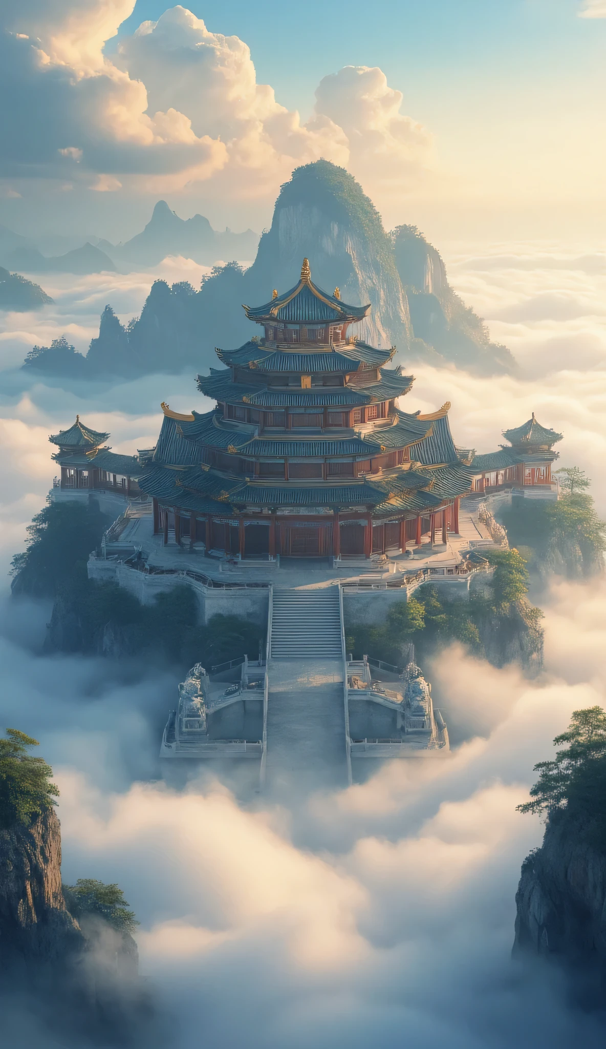 High Resolution Images、Panoramic Paintings  、Spectacularな画像 、 Ancient Chinese Architecture Temples 、 Exquisite Interior Decorations 、A huge temple nestled in a sea of clouds、 depth of field effects  、 Imaginative 、 fantasy 、 high end color matching 、 Spectacular Scenery of Ancient Chinese Architecture 、 Spectacular 、 four corners 、 16k、Big Komainu  。
