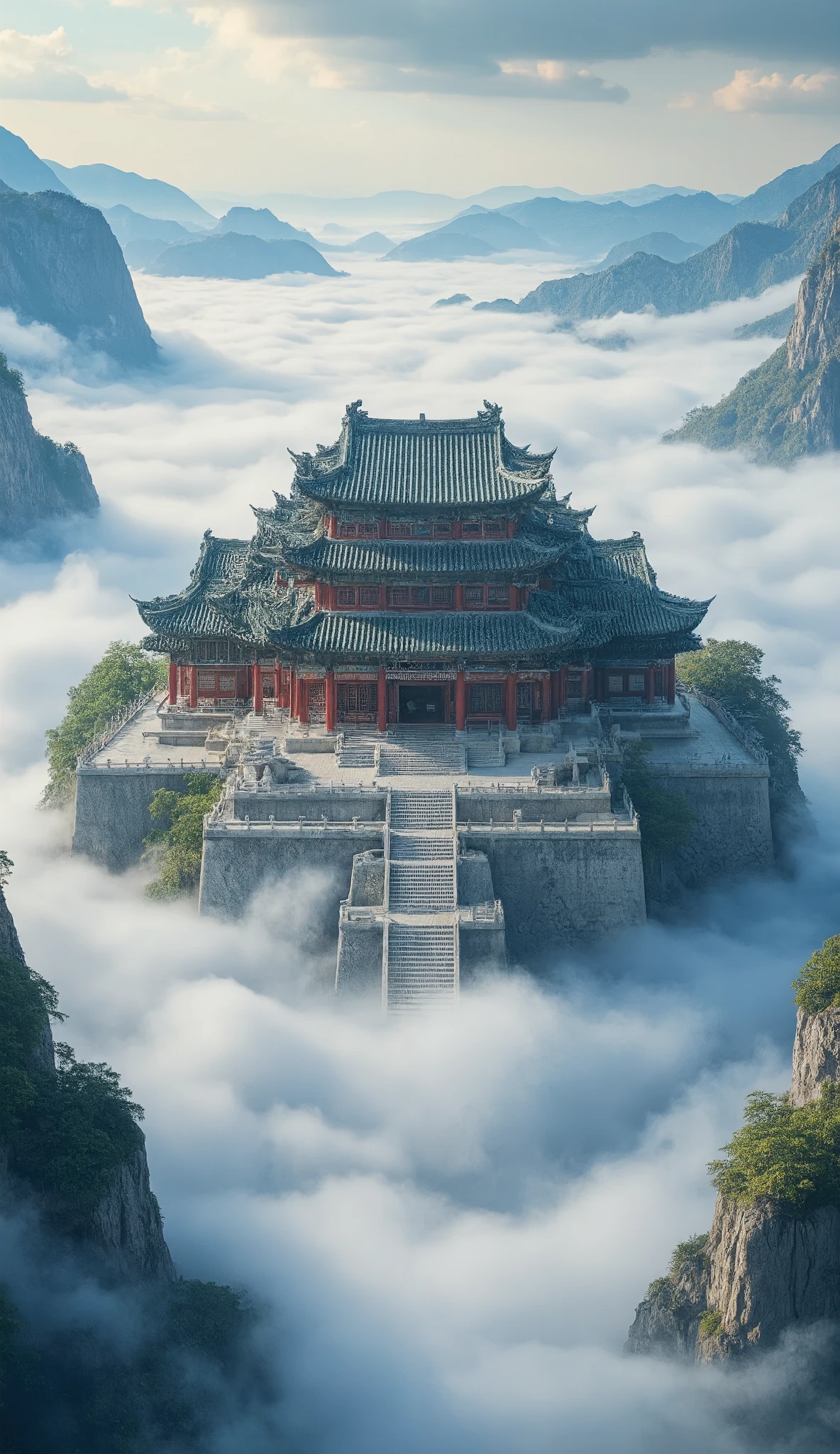 High Resolution Images、Panoramic Paintings  、Spectacularな画像 、 Ancient Chinese Architecture Temples 、 Exquisite Interior Decorations 、A huge temple nestled in a sea of clouds、 depth of field effects  、 Imaginative 、 fantasy 、 high end color matching 、 Spectacular Scenery of Ancient Chinese Architecture 、 Spectacular 、 four corners 、 16k、Big Komainu  。