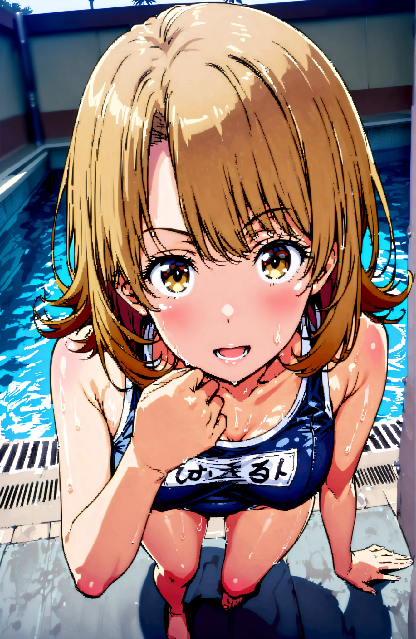 Irohaisshiki, Isshiki Iroha ,solo, short hair, brown hair, brown eyes,Medium breast,smile,cover,open your mouth,old school swimsuit, school swimsuit, blue one-piece swimsuit, one-piece swimsuit, name tag, swimsuit, Belly button cover, wet swimsuit, clavicle,Submersion,pool, scatters,standing,full bodyがイラストに入るように,break outdoors,pool,
break looking at viewer,full body,
break (masterpiece:1.2),Best Quality ,Kampala,unity 8k 壁紙,(shape:0.8),( fine and beautiful eyes :1.6),It's a person ,full body写真,CG Details , (perfect hand,complete anatomy),