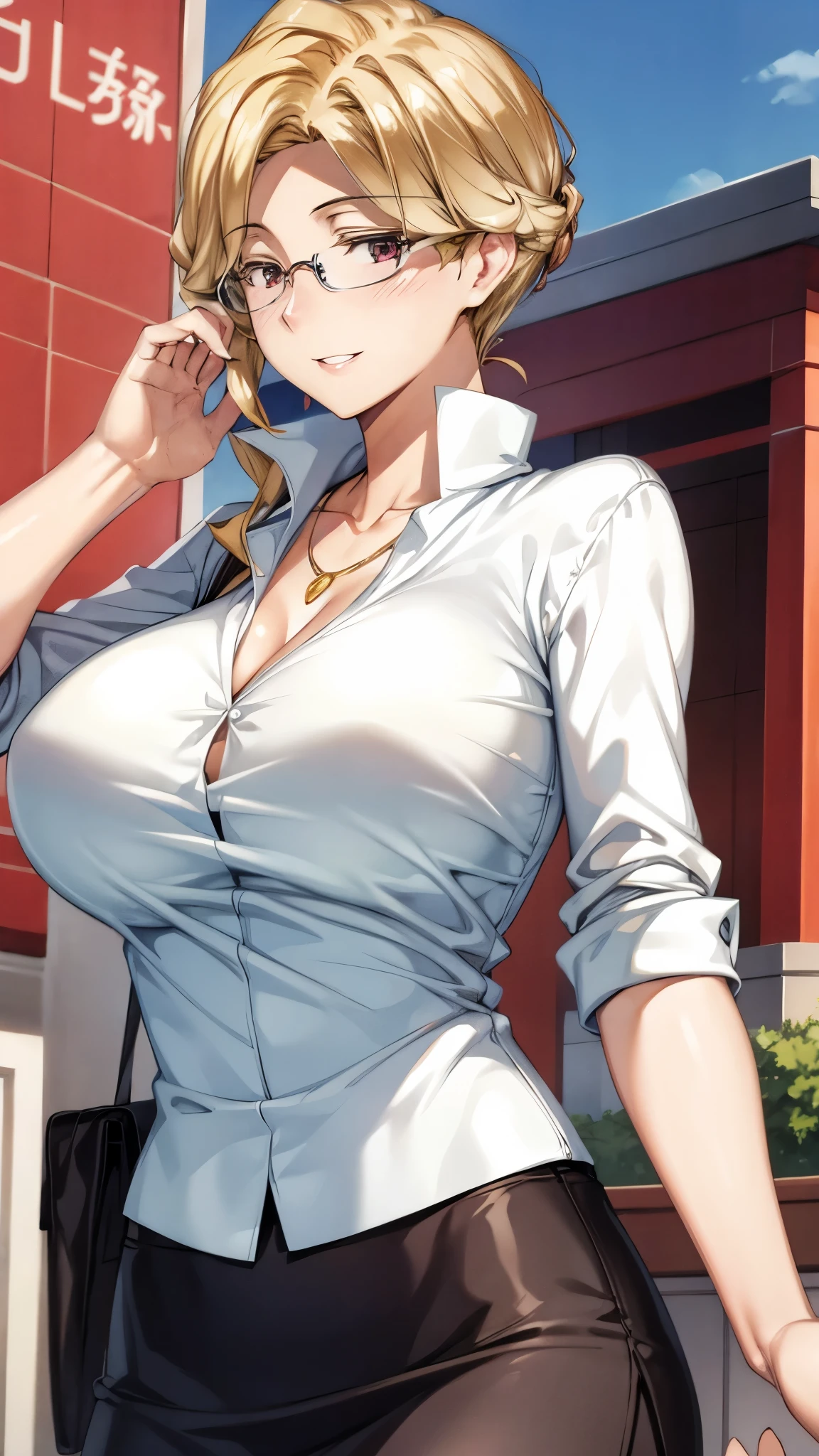 ((masterpiece, highest quality, High resolution, Hmm, RTX, perfect pixel, written boundary depth, 4k, very detailed))), 1 girl, single, alone, beautiful anime girl, beautiful art style, anime character, ((long hair, parted bangs, Medium hair bangs, blonde hair)), ((blue eyes:1.4, round eyes, beautiful eyelashes, realistic eyes)), ((detailed face, blush:1.2)), ((smooth texture:0.75, realistic texture:0.65, realistic:1.1, Anime CG style, bright colored chest, cleavage:0.9, big breasts)), dynamic angle, perfect body, ((throw, dynamic pose, close)), ((white sweater, long sleeve, black skirt, women's belt, Snazzy, single handbag, 1 diamond necklace)), open your mouth, embarrassing, amusement park