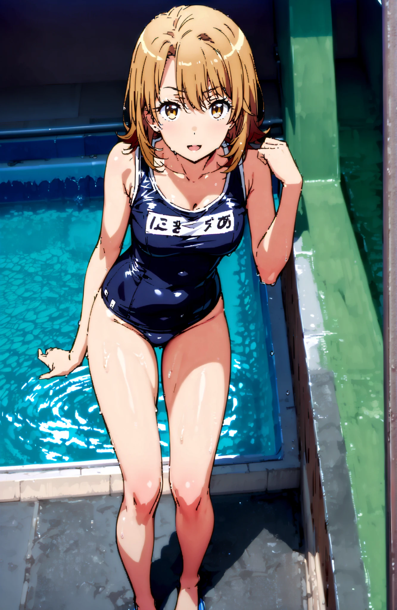 Irohaisshiki, Isshiki Iroha ,solo, short hair, brown hair, brown eyes,Medium breast,smile,cover,open your mouth,old school swimsuit, school swimsuit, blue one-piece swimsuit, one-piece swimsuit, name tag, swimsuit, Belly button cover, wet swimsuit, clavicle,Submersion,pool, scatters,standing,full bodyがイラストに入るように,break outdoors,pool,
break looking at viewer,full body,
break (masterpiece:1.2),Best Quality ,Kampala,unity 8k 壁紙,(shape:0.8),( fine and beautiful eyes :1.6),It's a person ,full body写真,CG Details , (perfect hand,complete anatomy),