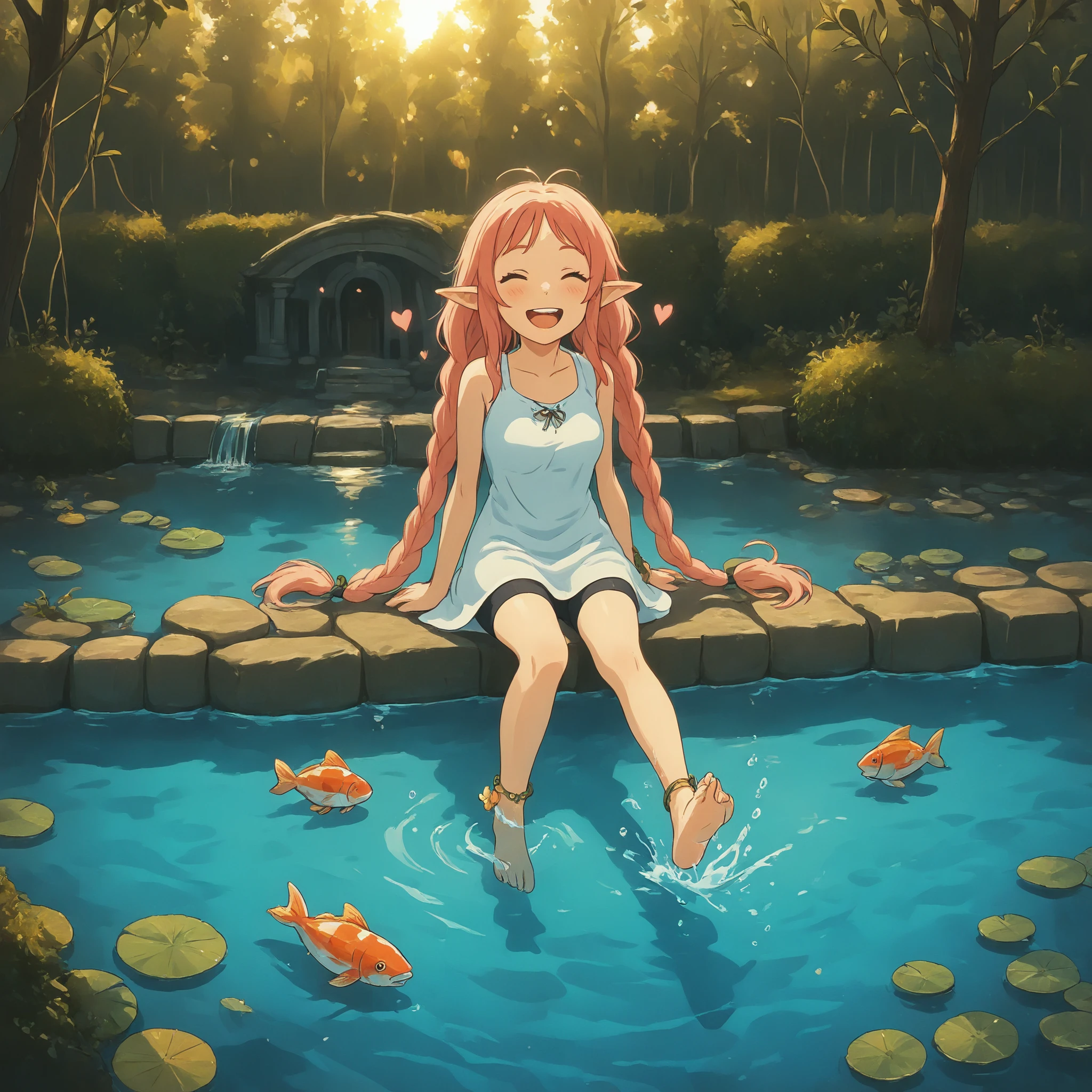 outdoors,1girl,,happy face eyes closed,fair_skin,slender,heart shaped face,(gradient hair:1.1+red hair+pink hair+twin braids,centre parting bangs,very long hair,)light_blush,lipgloss,elf ears,narrowed_eyes,reflective_eyes,eye_relfection,upper_teeth,medium breasts,sundress,fantasy house carved into tree trunk,vines,next to pond filled with (koi fish, jumping fish, fish jumping out of the water),sitting on the ground, kicking her feet, the house that is on top of the hill has wild vines its looks old and reality is intertwined with a fairy tale. ,barefoot,anklet,bike_shorts, wide_shot, full body,masterpiece, very aesthetic, bokeh,chromatic_aberration,contour_deepening,lens_flare,depth of field,in summer,Cirrocumulus,nature,Dreamy forest,star_trail,highres,absurdres,incredibly absurdres,rim light,Volumetric Lighting,Cinematic Lighting,lens flare,moody lighting,seashell,fantasy,water refaction, moss covered rocks , water spirits floating in water lilly pads , water splash deep pond water feet underwater,fish underwater,