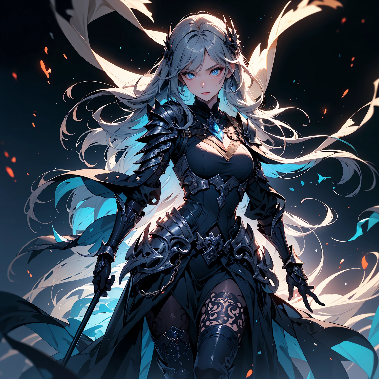 (((masterpiece, best quality, high detailed, 16k))) (1girl) A breathtakingly beautiful young slender girl with long flowing stylish white hair and piercing blue eyes. She wears a demonic armor in purple black and white. wields a large stylized scythe. ((full body view))