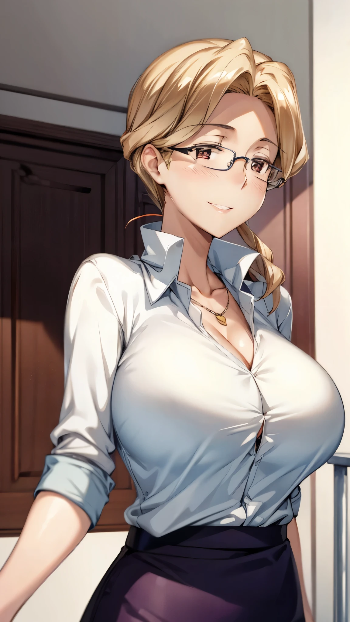 （super quality,Ultra High Definition,16k,Super Masterpiece,Ultra HD ,detailed shading and background,） upper body shot from below,sexy mature woman, Gold,glasses,sexy white shirt with folded sleeves,tight tight skirt,cleavage,necklace,Big Breasts,cover,smile,thick lips with Nozomi,Morning in the city,Spread one hand wide toward the screen,