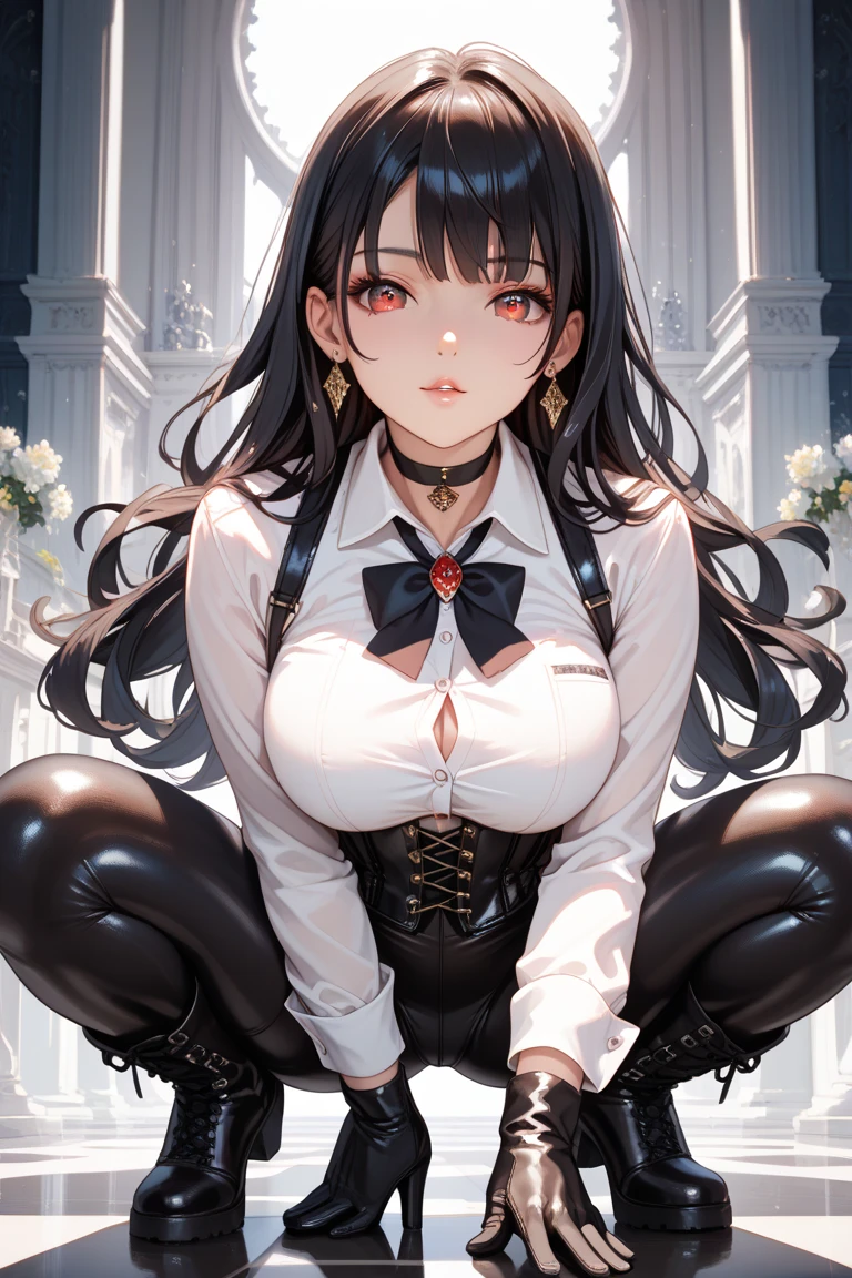 Masterpiece, Beautiful art, professional artist, 8k, Very detailed face, Detailed clothing, detailed fabric, 1 girl, whole body, front view, looking at the viewer, sitting in a furnished chair, pose sexy, BIG BREASTS, perfect thighs, beautiful legs, whole body perfectamente dibujado, shy expression, pale skin, beautiful face, long dark brown hair, 4k eyes, very detailed eyes, pink cheeks, glasses, choker:1.6, (white long sleeve button down shirt with white collar), black gloves, gloves that cover hands, (black leather corset). (shiny black tight mini skirt), Sensual Lips, show details in the eyes, Elegant living room, At night