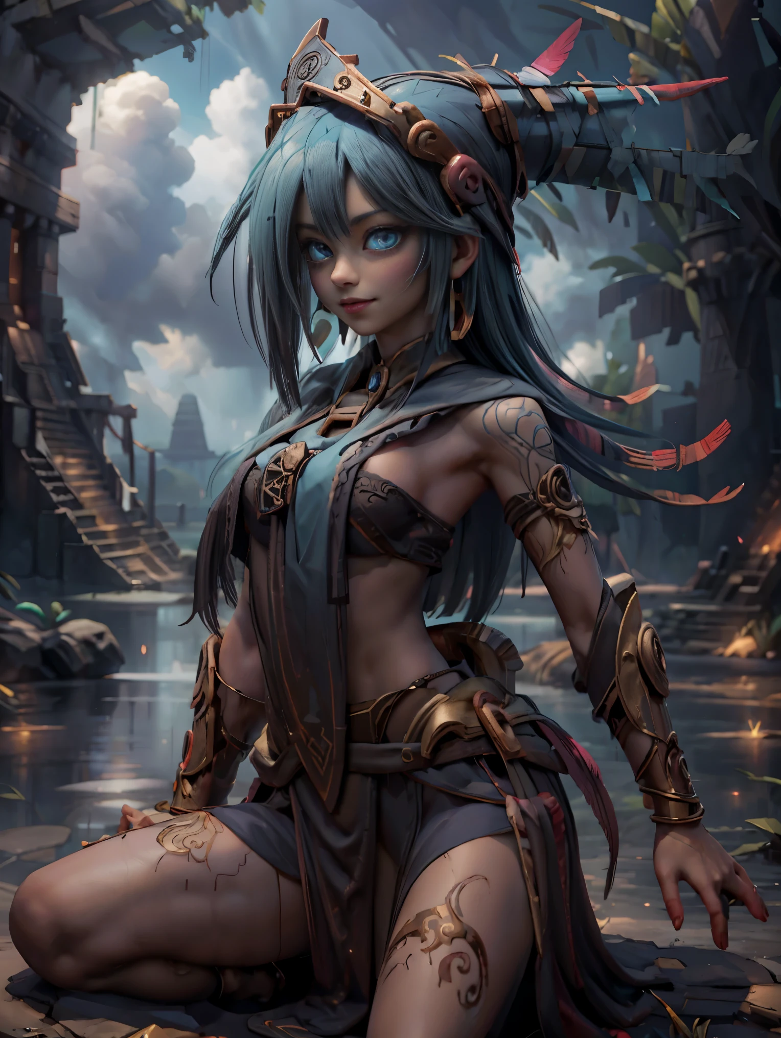Dark magician gils in the air , SHE'S STANDING . In Mayan costume. colored feathers, earrings, Mayan queen dress. Smile on her lips . sky blue eyes. golden hair. sexy pose. Floating on one foot. Mayan ruins background