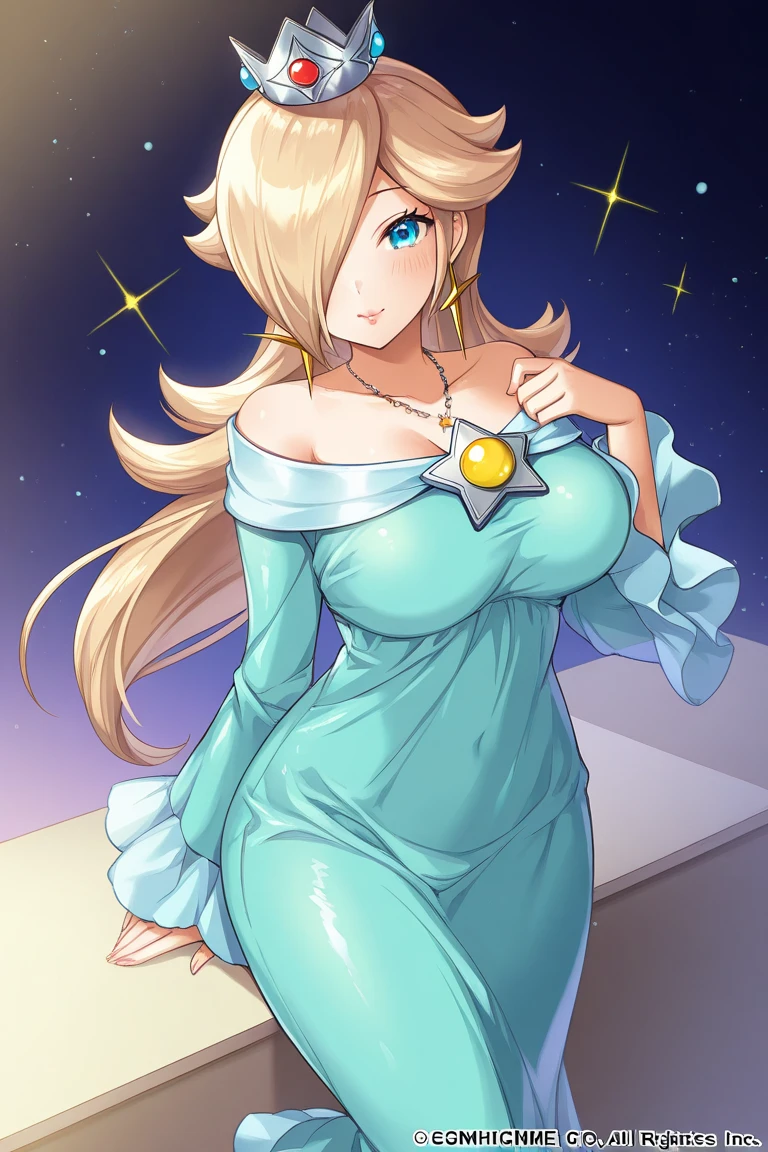 (masterpiece), best quality, expressive eyes, perfect face, highres, 1 girl, solo, rosalina, blonde hair, blue eyes, hair over one eye, long hair, blue dress, crown, dress, earrings, jewelry, princess, robe, bare shoulders, barefoot, star earrings, space, starry background, glowing particles, good illumination, sitting on floor, portrait, looking at the viewer, (breast focus), (Big breasts), (hot cleavage)