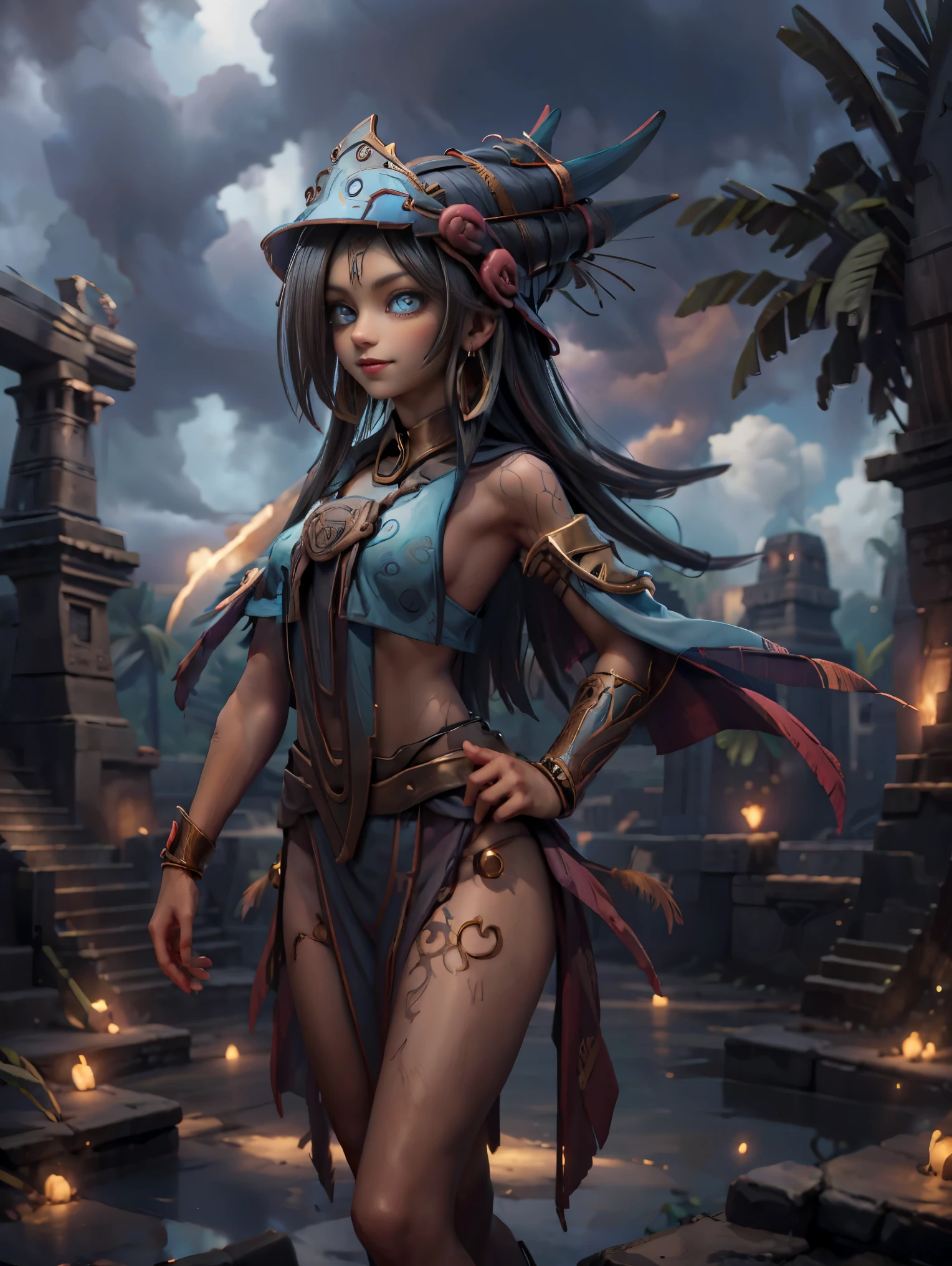 Dark magician gils in the air , SHE'S STANDING . In Mayan costume. colored feathers, earrings, Mayan queen dress. Smile on her lips . sky blue eyes. golden hair. sexy pose. Floating on one foot. Mayan ruins background
