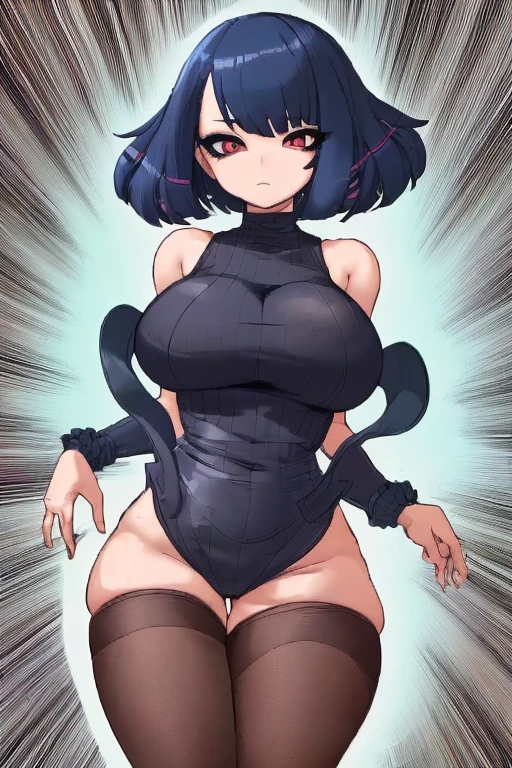 Huge invisible girl with short blue hair and dresses in a maid style, black metallic bra top, shows navel and a short black skirt and black sneakers and puts fist guard  