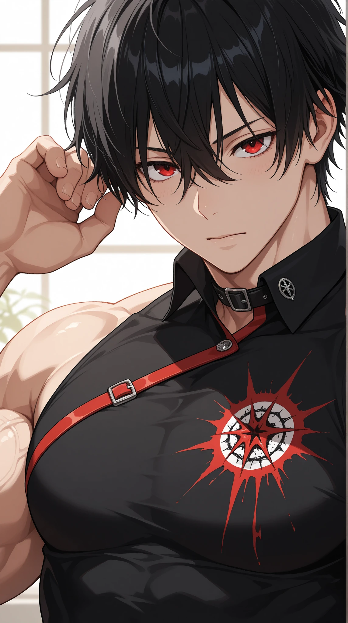 ((masterpiece, Highest quality)), (1 boy, alone: 1.4), Black Hair, Fade Undercut,Red hoodie, 上Half Body, Half Body, Dynamic pose, Happy, White Background, figure,