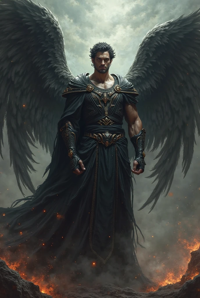 A warrior with black wings and a sword with lightning bolts