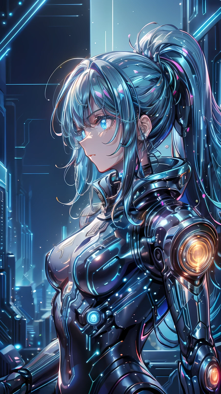 ((best quality)), ((masterpiece)), (detailed), perfect face, ((Best quality, 8k, Masterpiece: 1.3)), sparkle, glowing light, cinematic lighting, backlighting, Android woman, silver hair, long ponytail, glowing metallic body:1.2, glowing armor:1.2, background(A digitalized motorcycle that shines like a neon light), Cyberpunk World, Electrical signals, digitization, Mechanical arm glowing blue with LED lights, Cyber armor that emits light along the lines of the body
