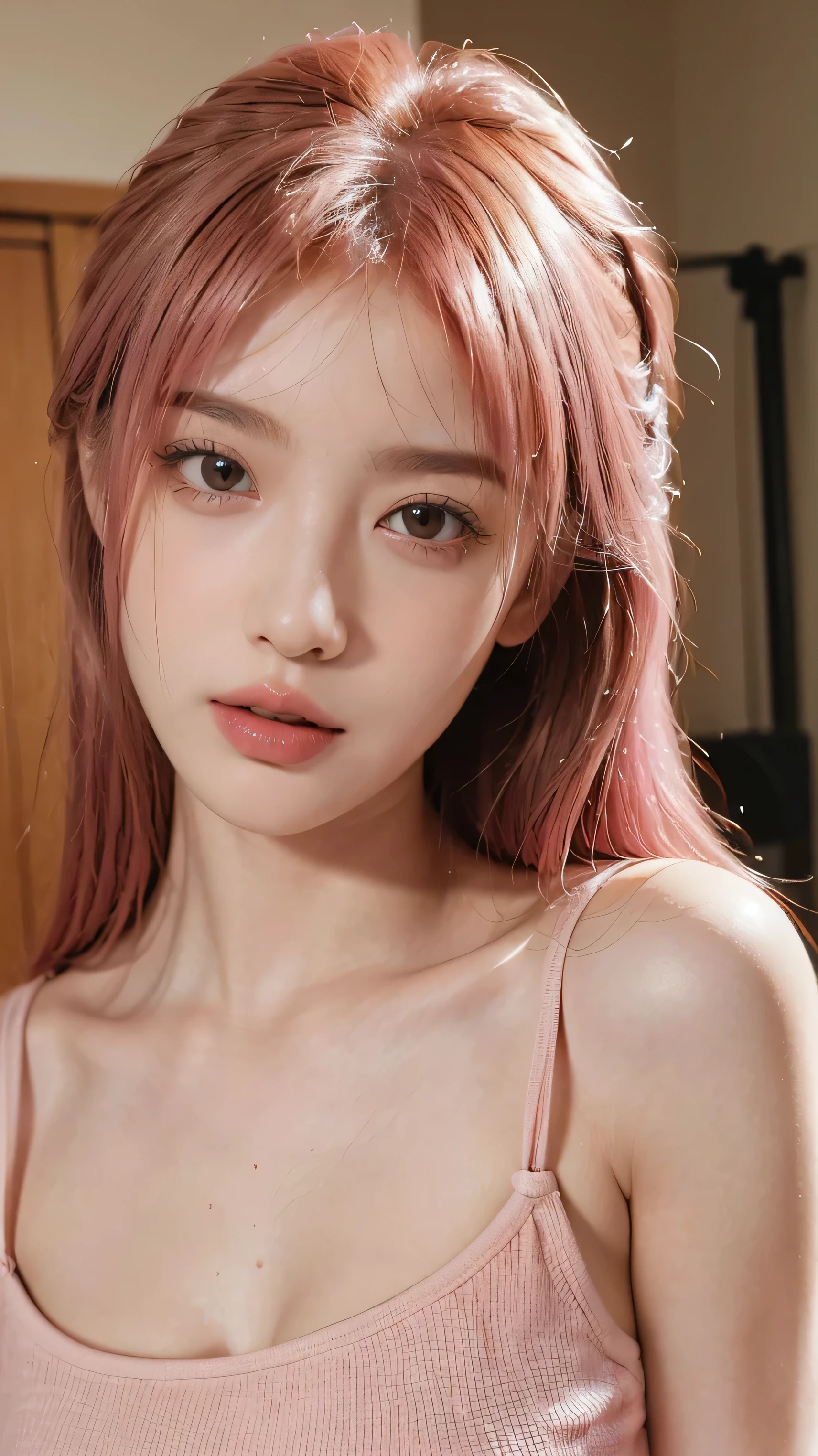 1 girl, Korean model, extremely beautiful, perfect body. Photo taken with Canon EOS R5 85mm f/11 Camera, ((sharp)) mode of people and surrounding scenery. Image quality ((8K)), ((lifelike)), ((masterpiece)), ((sharp and highest contrast)), ((great depth of field)), ((light stereolithography)). ((Pink hair)), long and smooth, the wind blows it beautifully under the bright sunlight. Beautiful face, perfect and sexy, holy, perfectly balanced, ((beautiful in every detail)), ((shiny)), ((high-end cosmetic makeup)), ((shiny bright, radiant)). Bright smile, pure white teeth and details. Seductive glossy red lips, ((brilliant glossy red lipstick)). The eyes are brown, glossy, seductive, ((sharp makeup)), realistic, ((wet eyes)) and detailed. Pink eyeshadow, long eyelashes, blush, high-end cosmetics. Two delicate eyelids, perfectly beautiful and detailed, black eyelashes. Eyebrows are curved, sparse, sharp and detailed. High and detailed nose. Cheeks are prominent and detailed. ((Ivory white, bright white skin)), detailed pores, ((shiny skin)), smooth, rosy, flawless skin texture. Long, shiny legs. Beautiful, perfect hands, ((no flaws)). ((Light shines directly on the face)), bright sunlight, ((shines light on the front part of the girl's body)).
The girl in a colorful dress was posing sexually, ((a beautiful fantasy queen)), the girl smiled brightly.