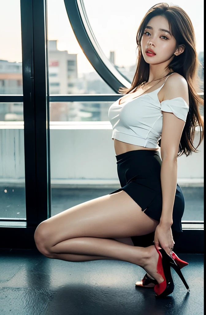 masterpiece, highest quality, realistic, 1 girl, that'It's wet and my clothes are transparent, mini skirt, lounge, Backwards Sexy Pose, beautiful long hair, big ass, , realistic美しいlegs, my breasts are big, hostess, stockings, nipple protrusion, 私 got soaked all over.., trained body, abs, professional lighting, glowing skin, Full body photo including legs