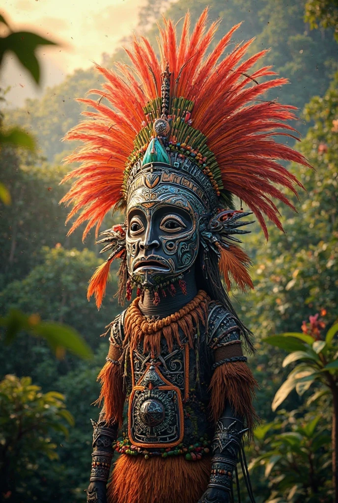 Chimpanzee Head ((Shaman)),,((meditative state),,Shaman, elegant chimpanzee, hair with details, with Indian headdress on head, ((meditating)) many colorful feathers, colorful feathers, facing the camera, detail: dense tropical foliage, highly detailed intricate, ((masterpiece)), ultra hyperrealistic, masterpiece