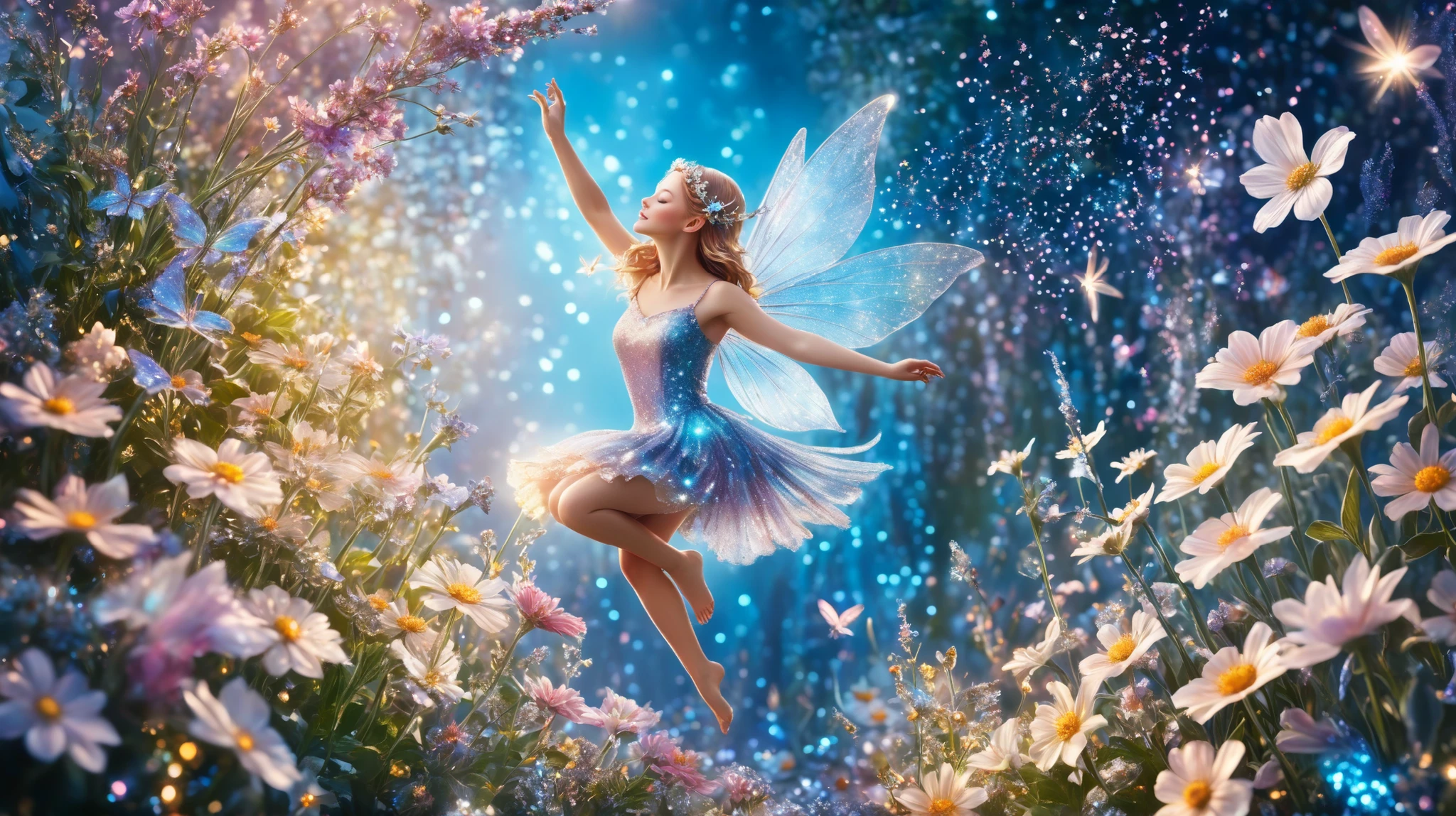 A magical scene of a fairy flying over bright garden flowers, glitter and sequins twinkling in the air, the fairy’s wings shimmering like stardust, gentle sunlight filtering through, whimsical and elegant. style glitter