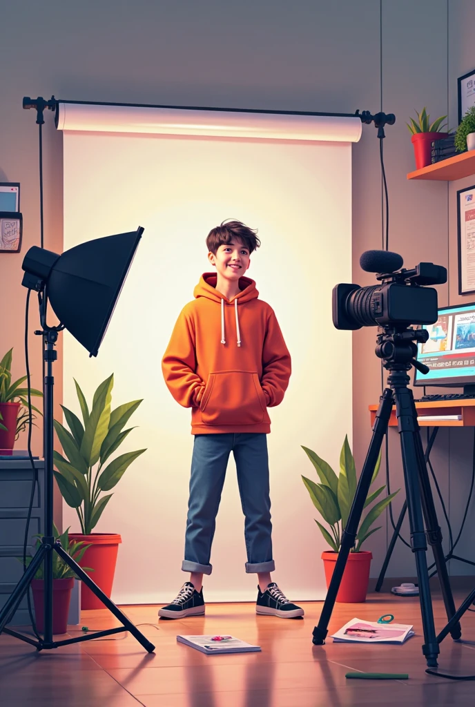 A young boy,wearing hoody and trouser,talking in video