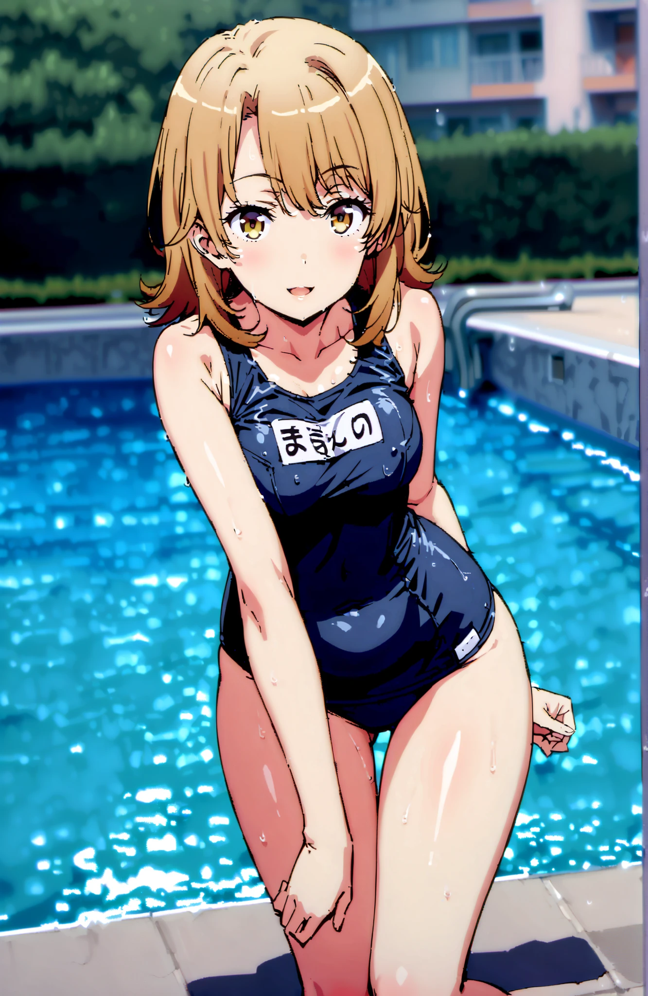 Irohaisshiki, Isshiki Iroha ,solo, short hair, brown hair, brown eyes,Medium breast,smile,cover,open your mouth,Glowing Skin,old school swimsuit, school swimsuit, blue one-piece swimsuit, one-piece swimsuit, name tag, swimsuit, Belly button cover, wet swimsuit, clavicle,Submersion,pool, scatters,standing,full bodyがイラストに入るように,break outdoors,pool,
break looking at viewer,full body,
break (masterpiece:1.2),Best Quality ,Kampala,unity 8k 壁紙,(shape:0.8),( fine and beautiful eyes :1.6),It's a person ,full body写真,CG Details , (perfect hand,complete anatomy),