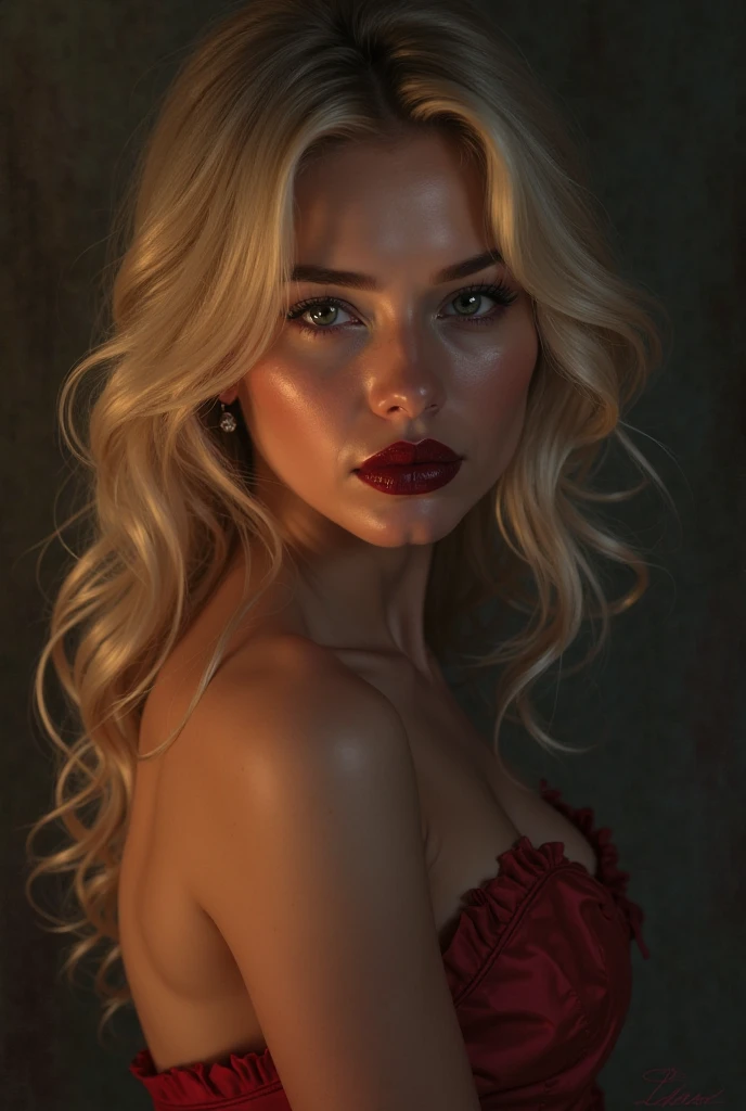 full body shot, front view, fully nude, naked, (((ultra realistic))) Photo, masterpiece, top quality, (pale skin), (Ultra detailed face and eyes:1.1), 1 girl, Adult, deep neckline, (Eye makeup, mascara) , ((large detailed lips)), ((blonde wavy hair)), ((Chyolka)) , ((Natural breasts)). ((Posing)), photoshoot, studio ((contour light)), (The play of light and shadows), depth of field, bokeh, (special attention to skin detail: 1.2), (Cold atmosphere of the frame, Bright colors, Colours black), ((portrait, close to the camera)) , ultra detialed,