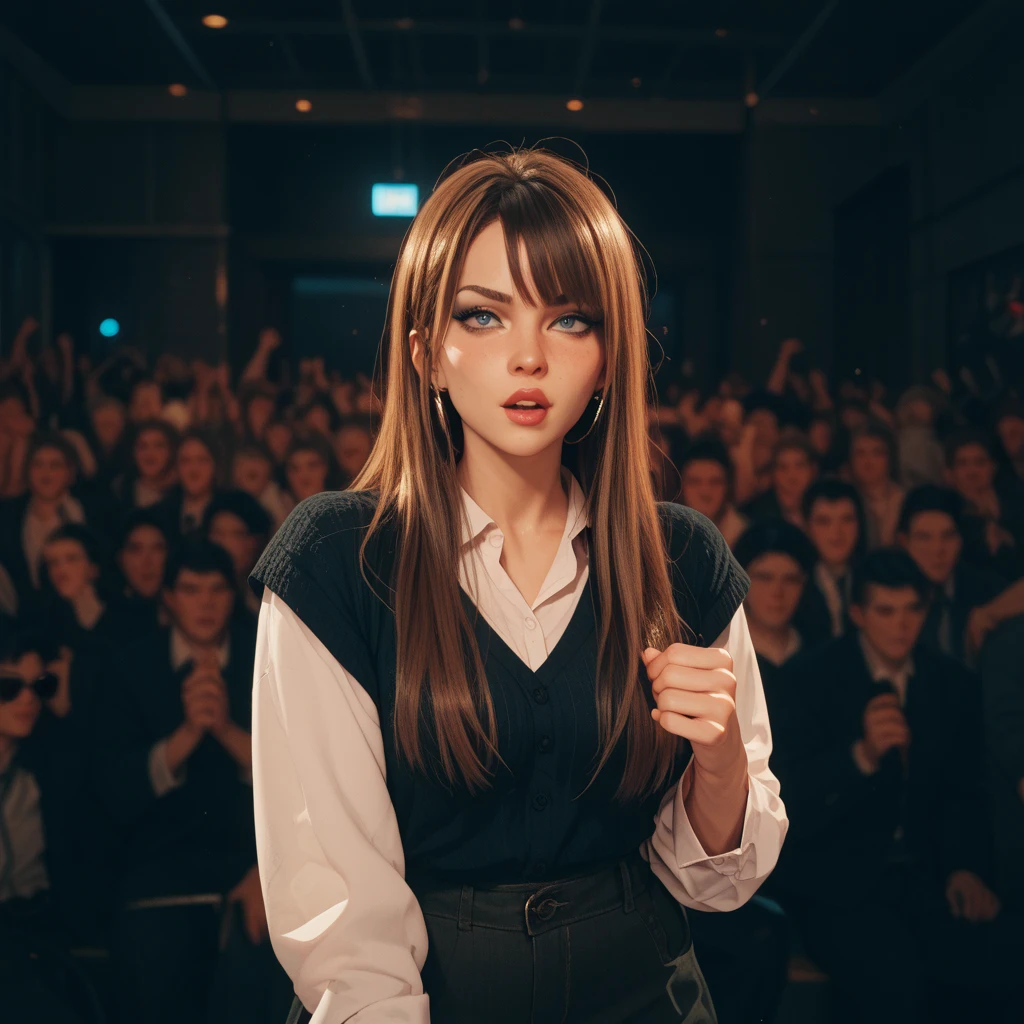 Create a realistic picture of an introverted person embarrassed by having to speak in public in a meeting in a company room with about 10 people around a table