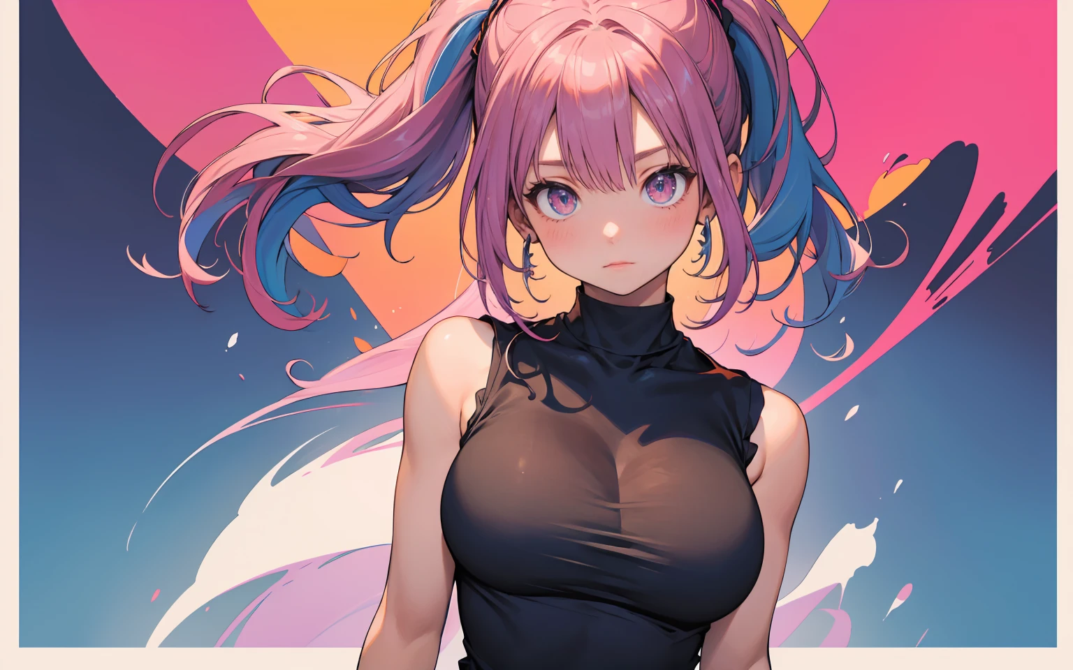 (((shy lily))), (((masterpiece))),(((best quality))),((Super detailed)),(illustration),(dynamic angle), ((floating)),(draw),((disheveled hair)), (alone),(1 girl), ((big deal_breast)), (((Detailed anima face))),((Beautiful and delicate face)),collar,bare shoulders, random hair, ((colorful hair)),((striped hair)), Beautiful and delicate eyes,(gradient eyes),(((Color eyes))), (((Colorful background))),(((high saturation))),(((Surrounded by colorful water splashes))),(((surrounded by colorful dots))),Colorful bubbles,((shining))