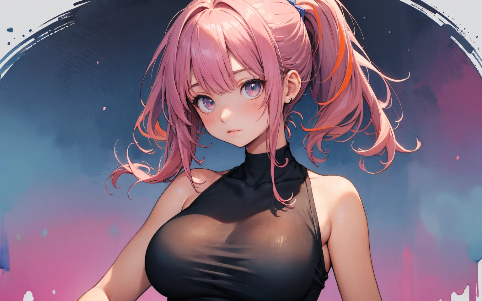 Masterpiece, best quality, absurdres, perfect anatomy, 1girl, solo, short pink hair, black sports bra, cleavage, boobs, black leggings, bubble butt, muscular, hands on hips, rooptop, night, sky scenary, full moon, stars