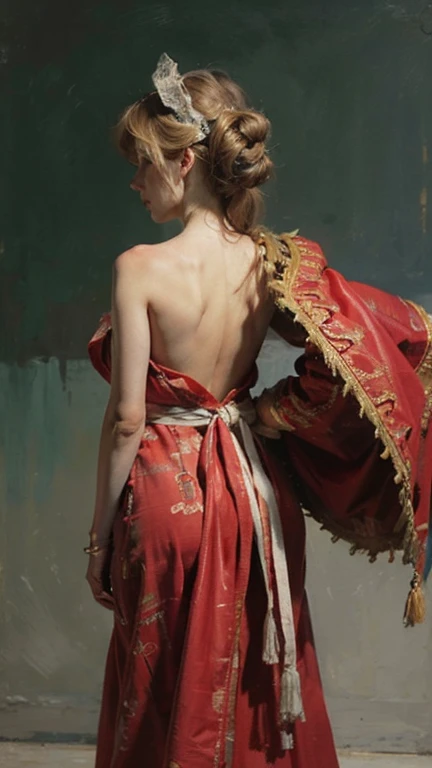 There is a woman's back in ancient China, back of the head, (only), (bare back tattoo), beautiful closed eyes, detailed face, like a dream, red and gold flowers, Ukiyo style, artwork Guwitz style. , Guviz, Alphonse Mucha and Rose Drews, a beautiful artistic illustration, author: Li Song, author: heroes, author: Zou Zhe, by Zeng Jing, by Ye Xin, author: Shitao, author: Zhou Fang, art nouveau Korean anime